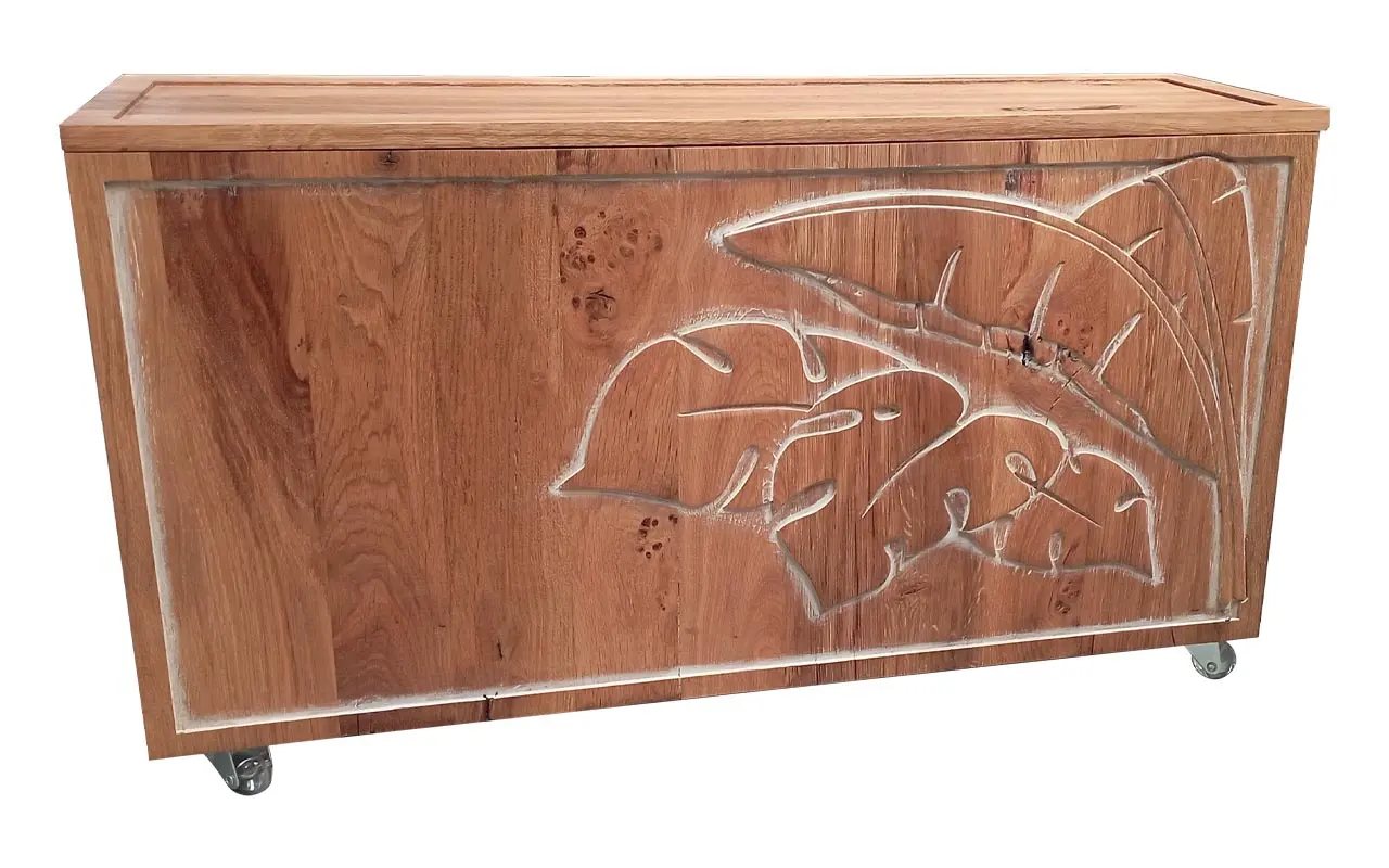 Bout de canapé "Banana" en chêne massif – Rangement vinyle & mini-bar 2 Bout de canapé en chêne massif naturel avec rangement et sculpture de motifs exotiques