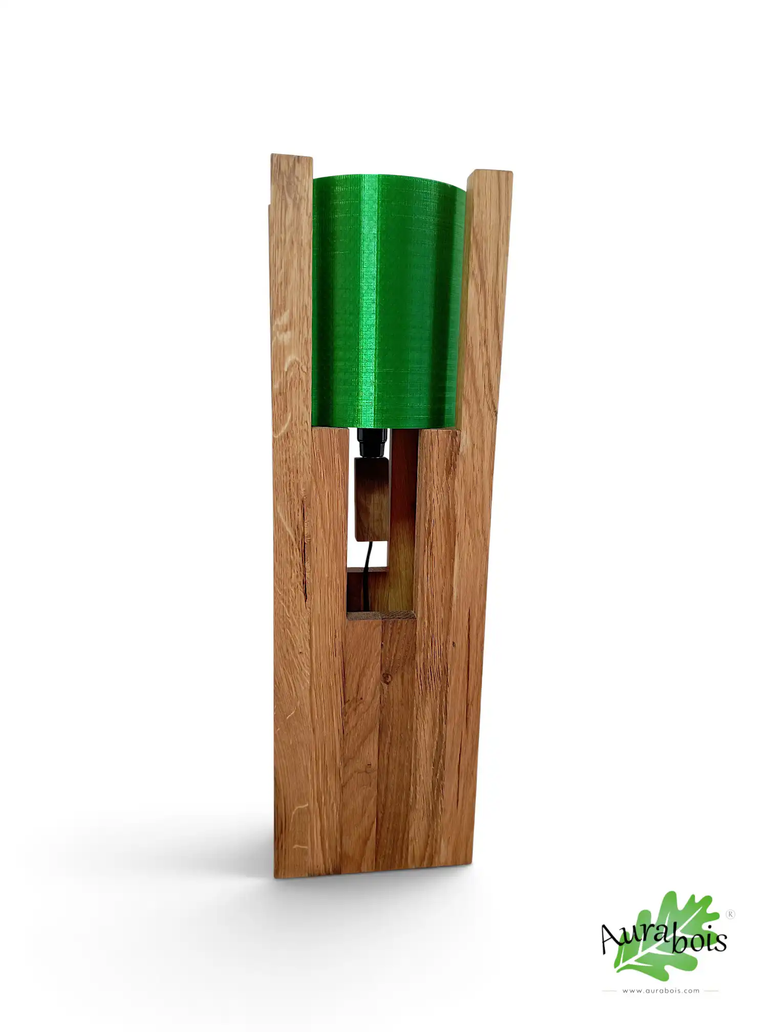 Lampe "Dragon" en chêne massif – Abat-jour vert effet écaille 5 Pied de lampe Dragon en chêne massif avec abat-jour vert effet écaille