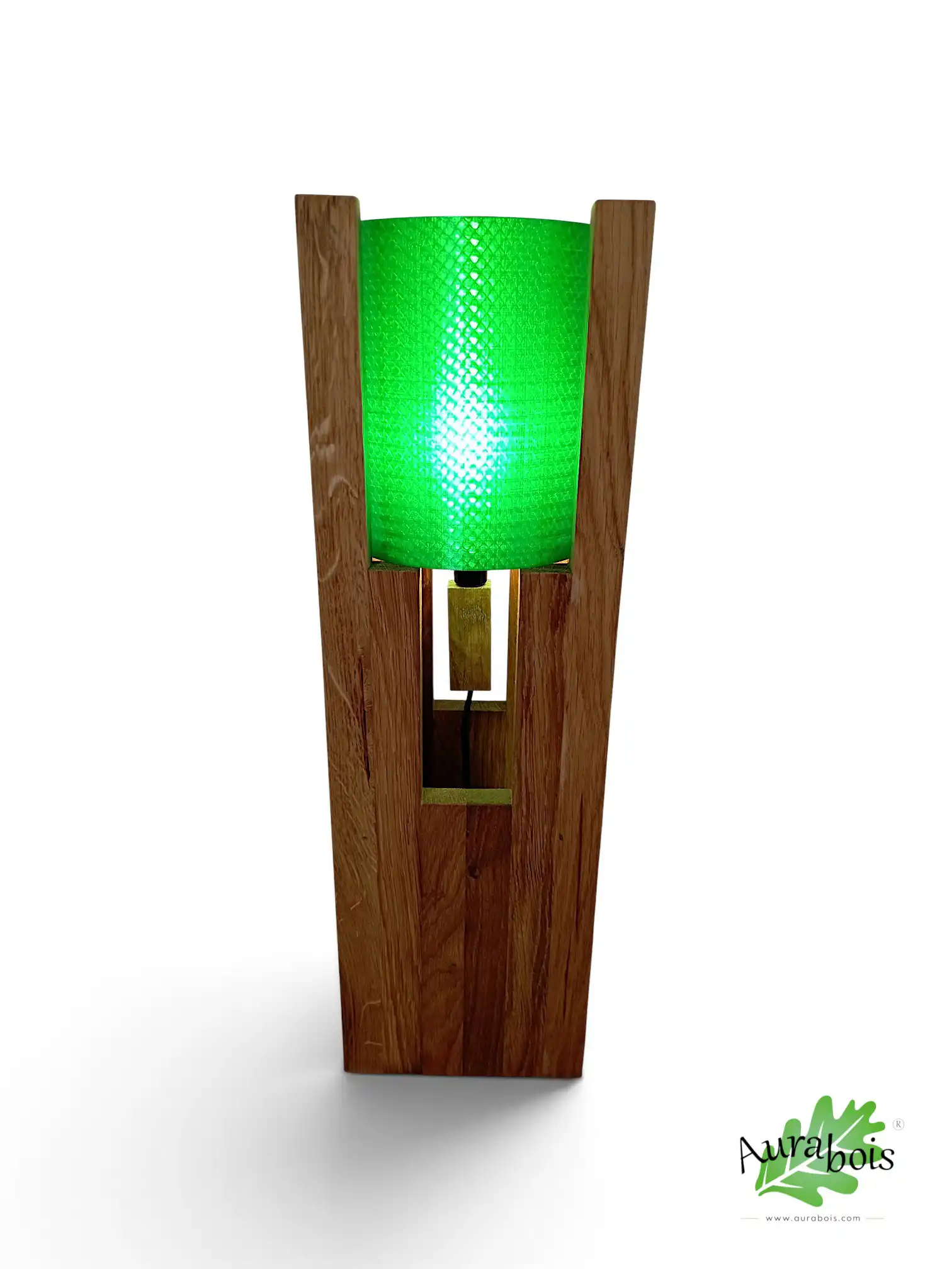 Lampe "Dragon" en chêne massif – Abat-jour vert effet écaille 4 Pied de lampe Dragon en chêne massif avec abat-jour vert effet écaille