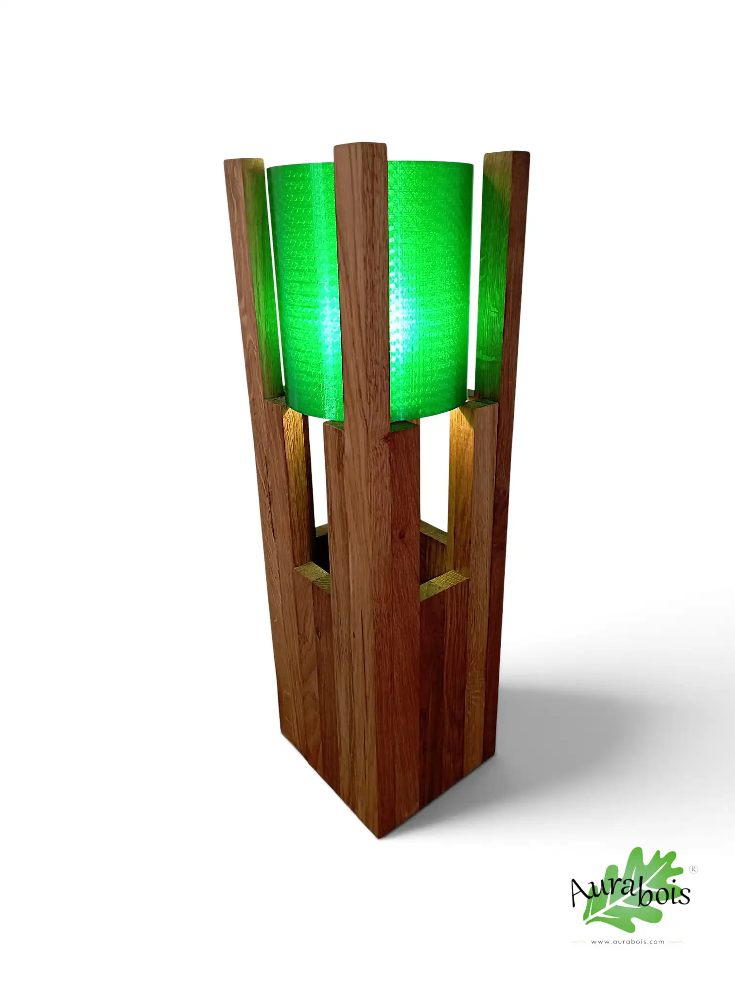 Lampe "Dragon" en chêne massif – Abat-jour vert effet écaille 2 Pied de lampe Dragon en chêne massif avec abat-jour vert effet écaille