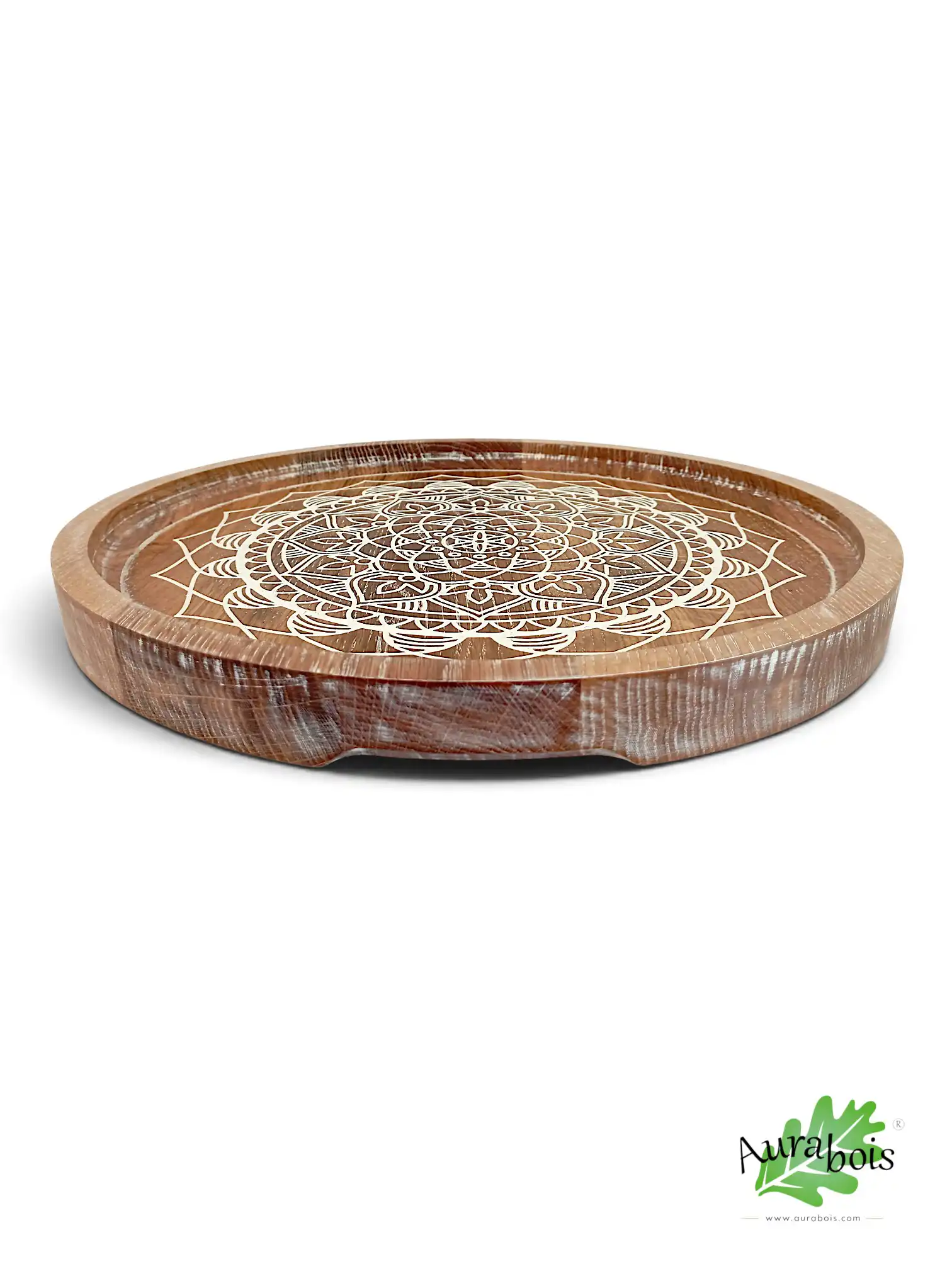 Plateau Mandala One en chêne massif blanc – Style Shabby chic 1 Plateau de service Mandala One en chêne massif blanc Shabby chic