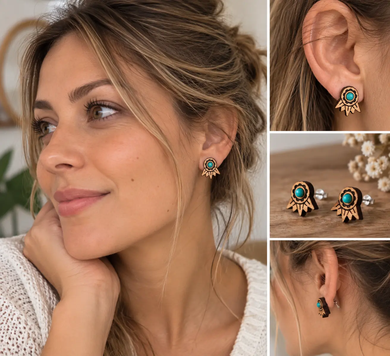 Boucles d'oreilles en bois "Amazone" Hêtre et turquoise naturelle 2 Boucles d'oreilles "Amazone" en hêtre huilé avec turquoise naturelle