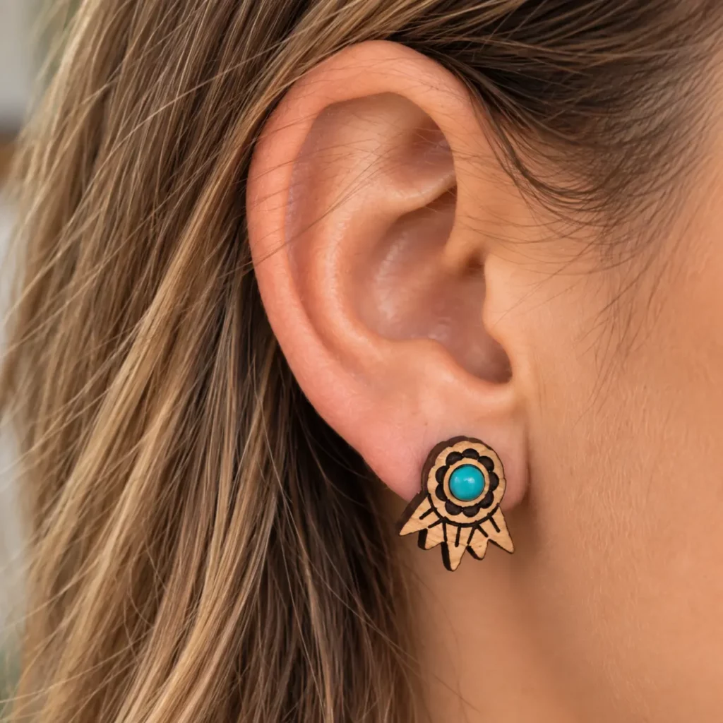 Boucles d'oreilles "Amazone" en hêtre huilé avec turquoise naturelle