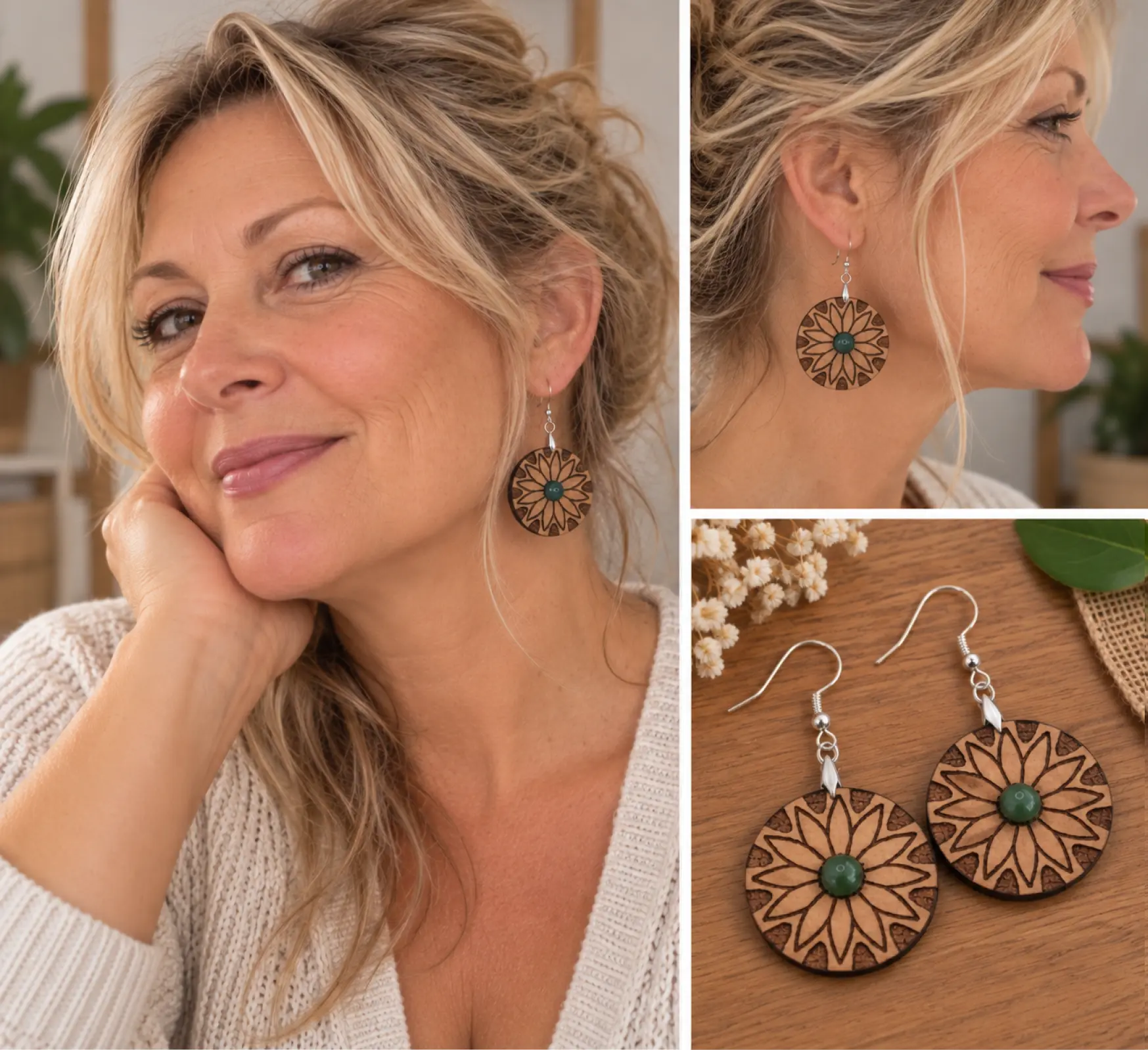 Boucles d'oreilles en bois "Pâquerette" hêtre et pierre aventurine 3 Boucles d'oreilles Pâquerette en hêtre huilé avec pierre naturelle aventurine