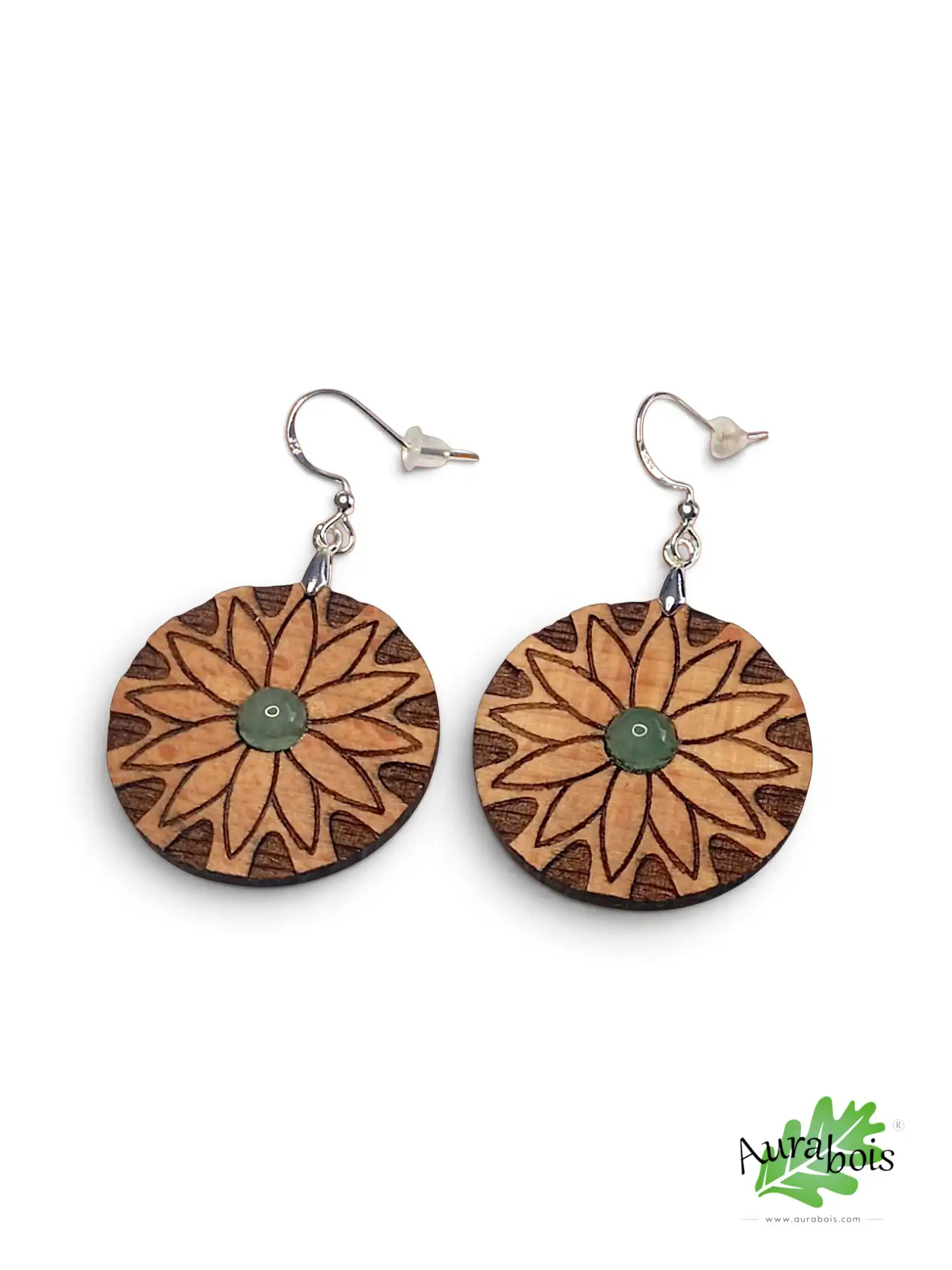 Boucles d'oreilles en bois "Pâquerette" hêtre et pierre aventurine 4 Boucles d'oreilles Pâquerette en hêtre huilé avec pierre naturelle aventurine