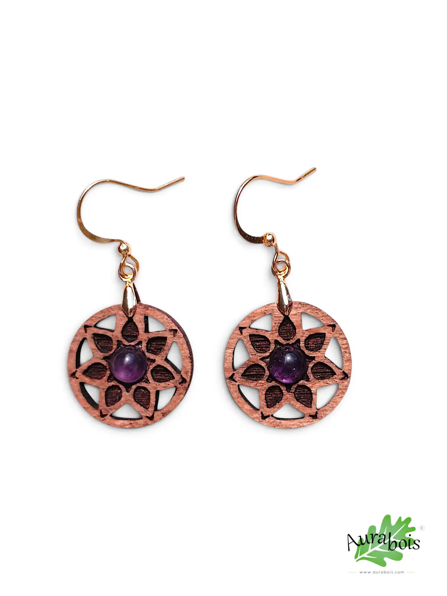 Boucles d'oreilles en bois "Rosace" hêtre et améthyste naturelle 4 Boucles d'oreilles Rosace en hêtre massif avec améthyste naturelle