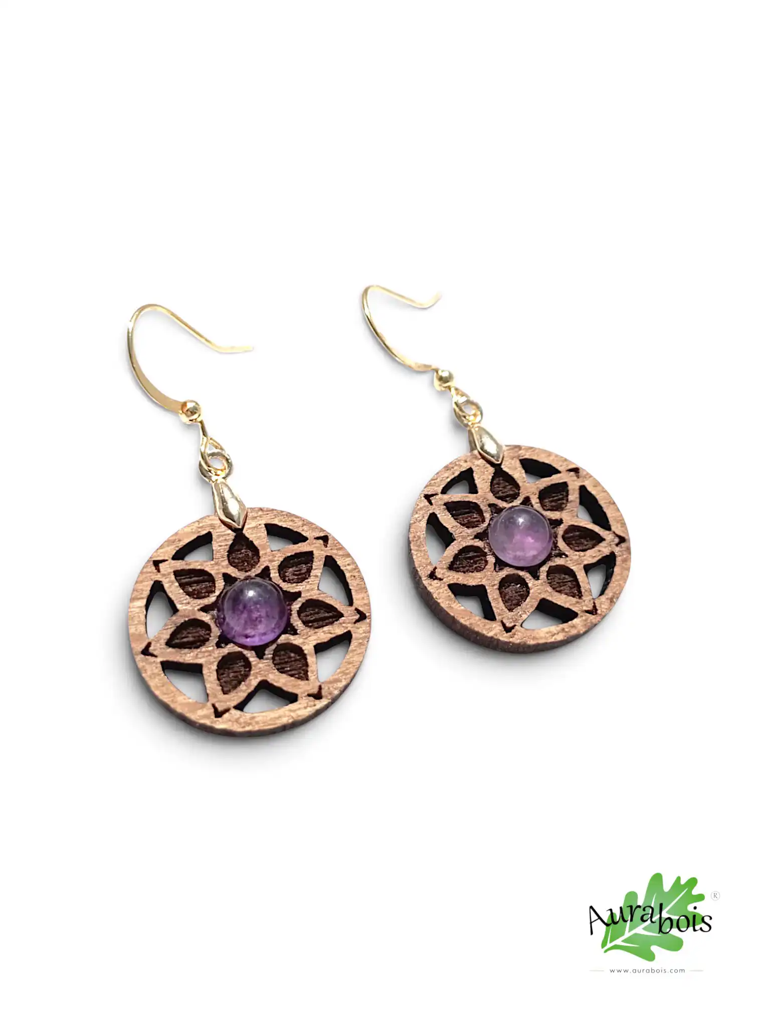 Boucles d'oreilles en bois "Rosace" hêtre et améthyste naturelle 1 Boucles d'oreilles Rosace en hêtre massif avec améthyste naturelle