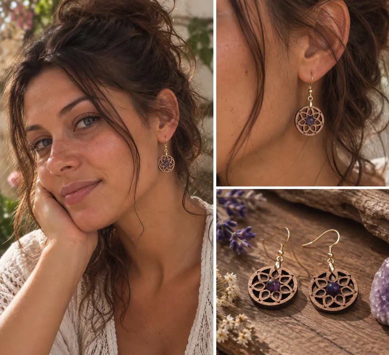 Boucles d'oreilles en bois "Rosace" hêtre et améthyste naturelle 3 Boucles d'oreilles Rosace en hêtre massif avec améthyste naturelle
