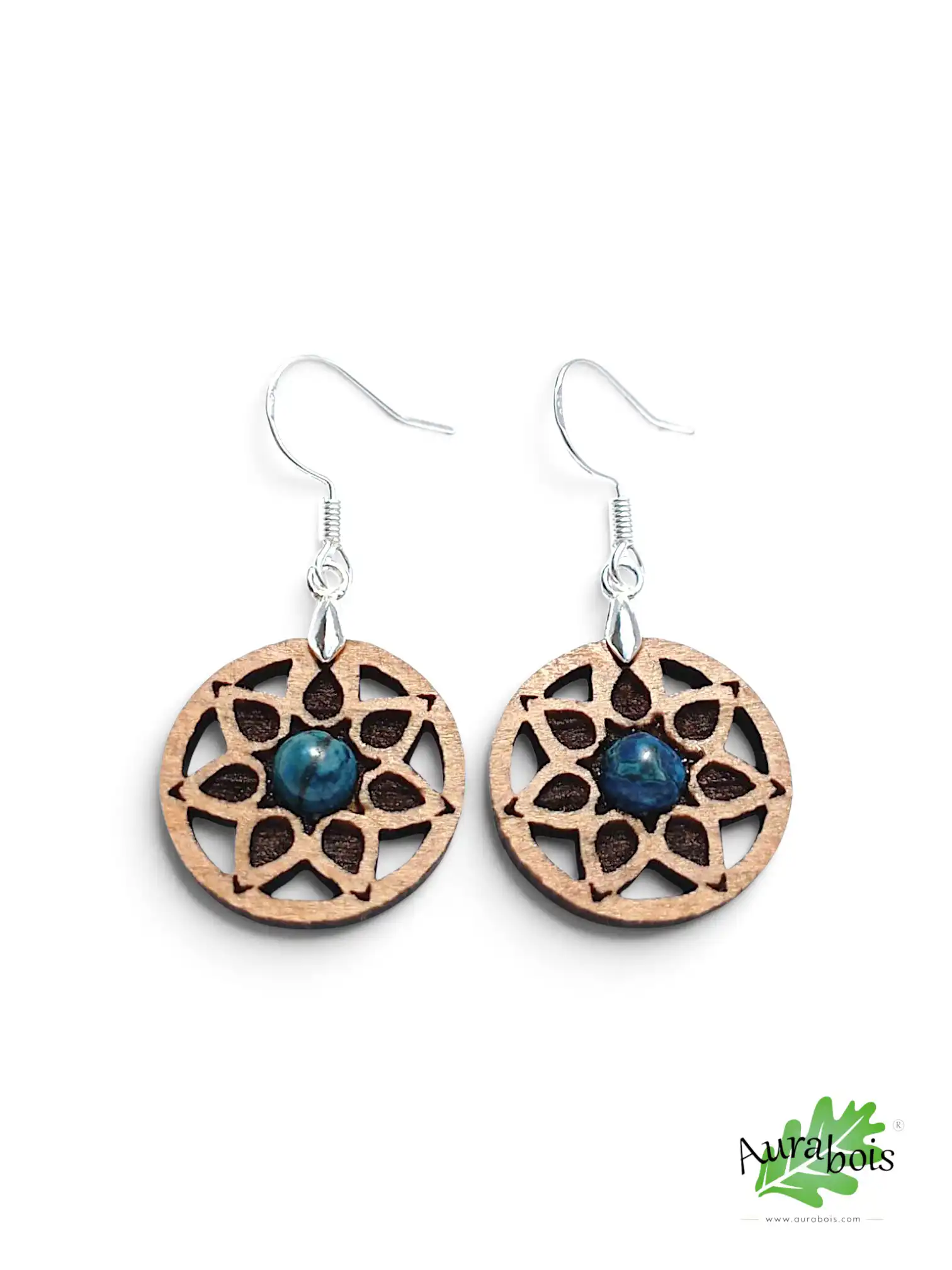 Boucles d'oreillesen bois naturel "Rosace" Pierre de jaspe bleu 2 Boucles d'oreilles Rosace en hêtre huilé avec jaspe bleu naturel