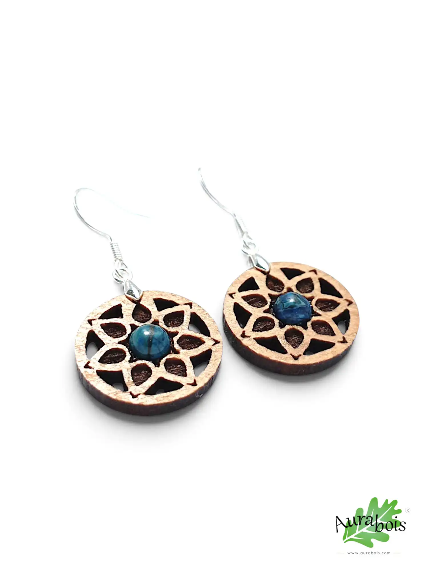 Boucles d'oreillesen bois naturel "Rosace" Pierre de jaspe bleu 3 Boucles d'oreilles Rosace en hêtre huilé avec jaspe bleu naturel