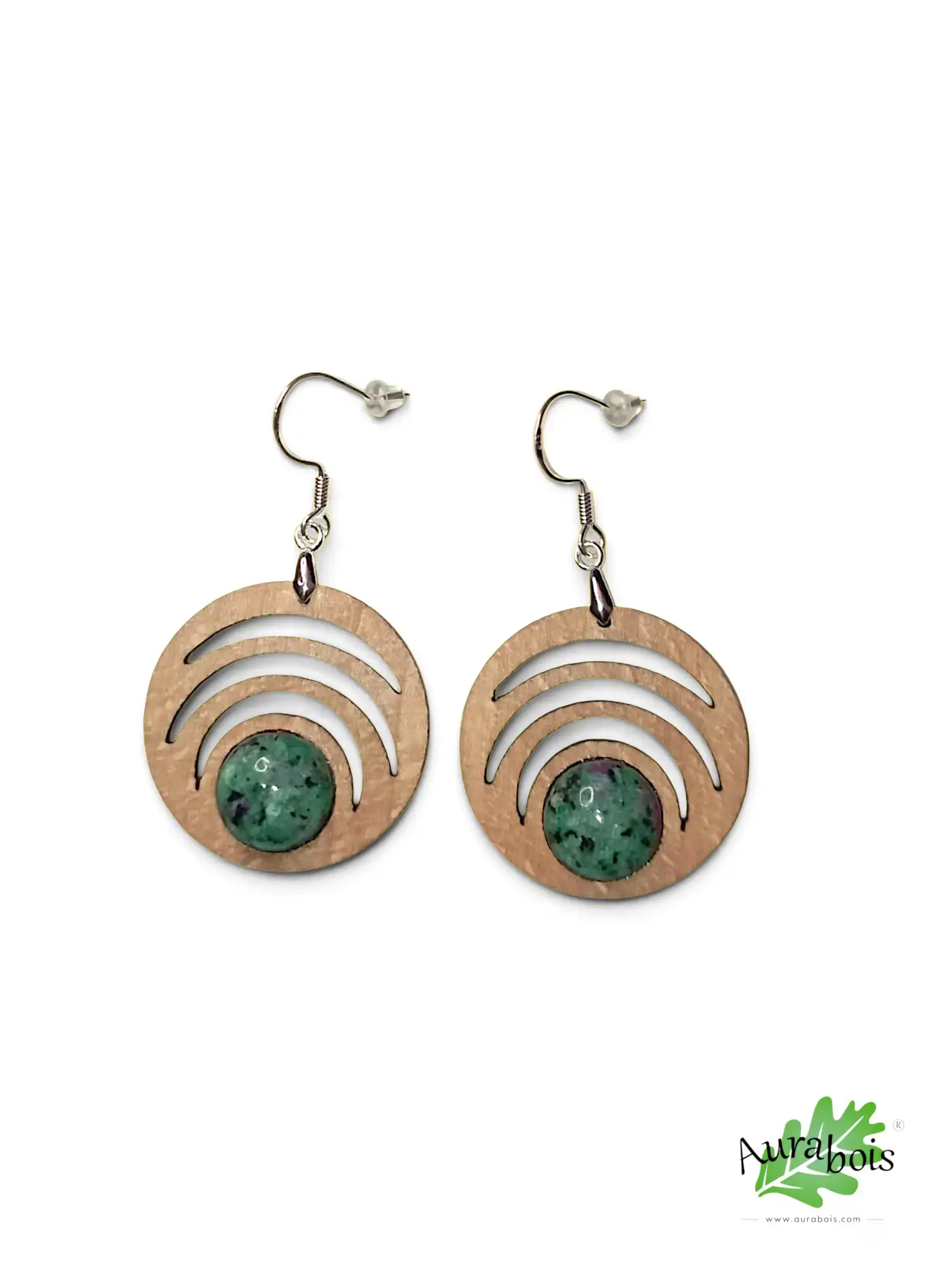 Boucles d'oreilles en bois "Seventy" Hêtre naturel et pierre de Rubis Zoïsite naturel 2 Boucles d'oreilles "Seventy" en hêtre huilé avec Rubis Zoïsite naturel