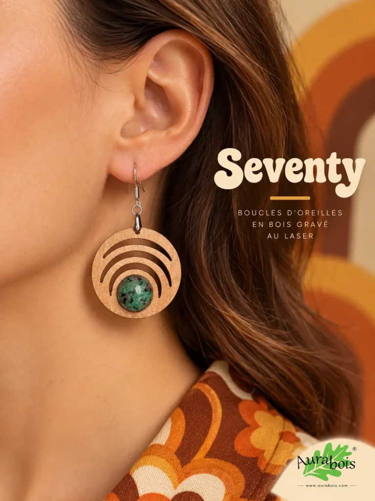 Boucles d'oreilles "Seventy" en hêtre huilé avec Rubis Zoïsite naturel