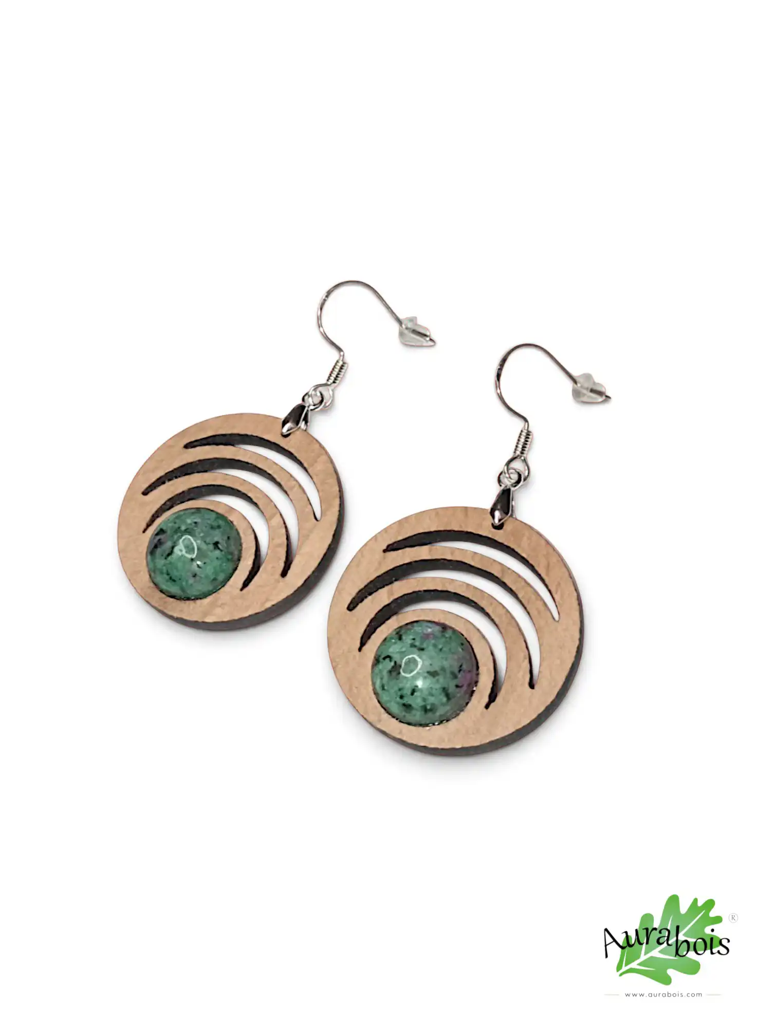 Boucles d'oreilles en bois "Seventy" Hêtre naturel et pierre de Rubis Zoïsite naturel 3 Boucles d'oreilles "Seventy" en hêtre huilé avec Rubis Zoïsite naturel