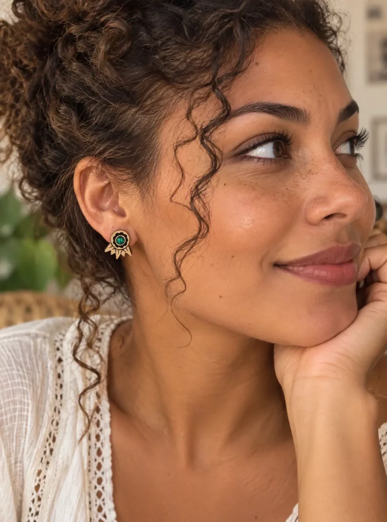 Boucles d'oreilles "Amazone" en hêtre huilé avec malachite naturelle