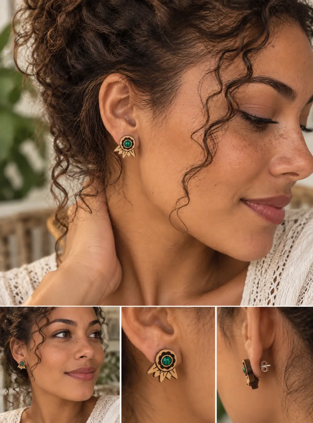Boucles d'oreilles en bois "Amazone" hêtre huilé et pierre malachite naturelle 2 Boucles d'oreilles "Amazone" en hêtre huilé avec malachite naturelle