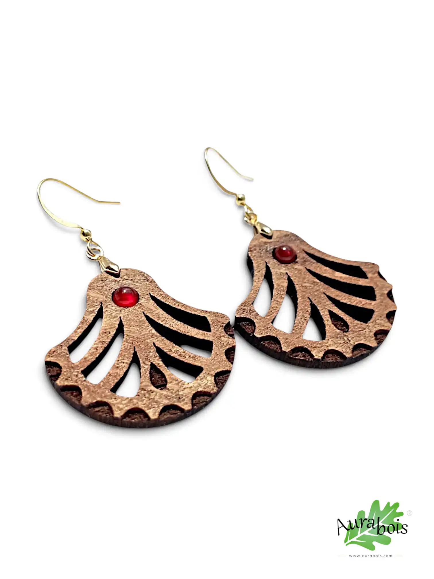 Boucles d'oreilles en bois "Palmier" Pierre d'agate rouge 3 Boucles d'oreilles Palmier en hêtre avec agate rouge naturelle