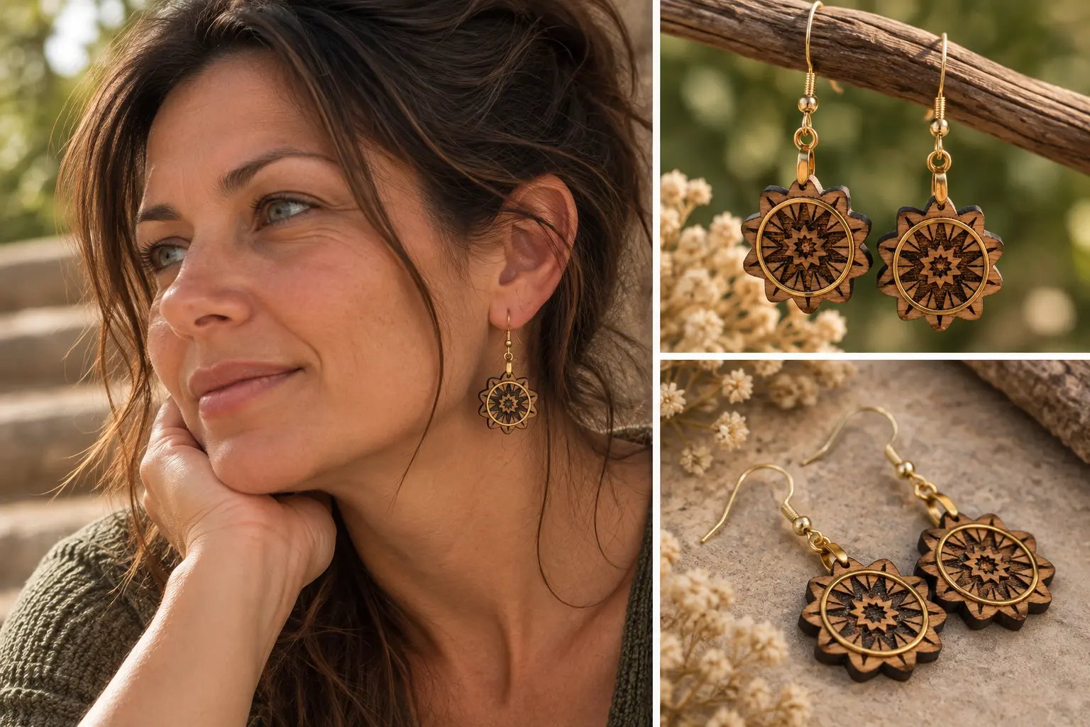 Boucles d'oreilles en bois chêne huilé. - "Cardinal" est anneau en acier inoxydable 2 Boucles d'oreilles Cardinal en chêne huilé avec anneau doré
