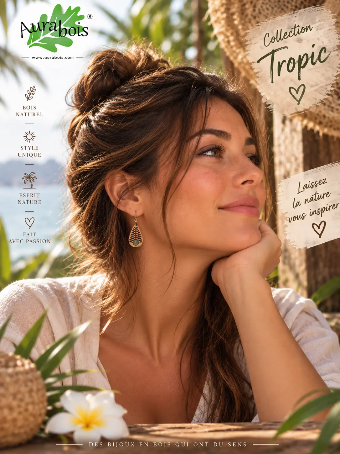 Boucles d'oreilles en bois de hêtre "Tropic" et pierre naturelle d'Aventurine 4 Boucles d'oreilles Tropic en hêtre huilé avec aventurine naturelle