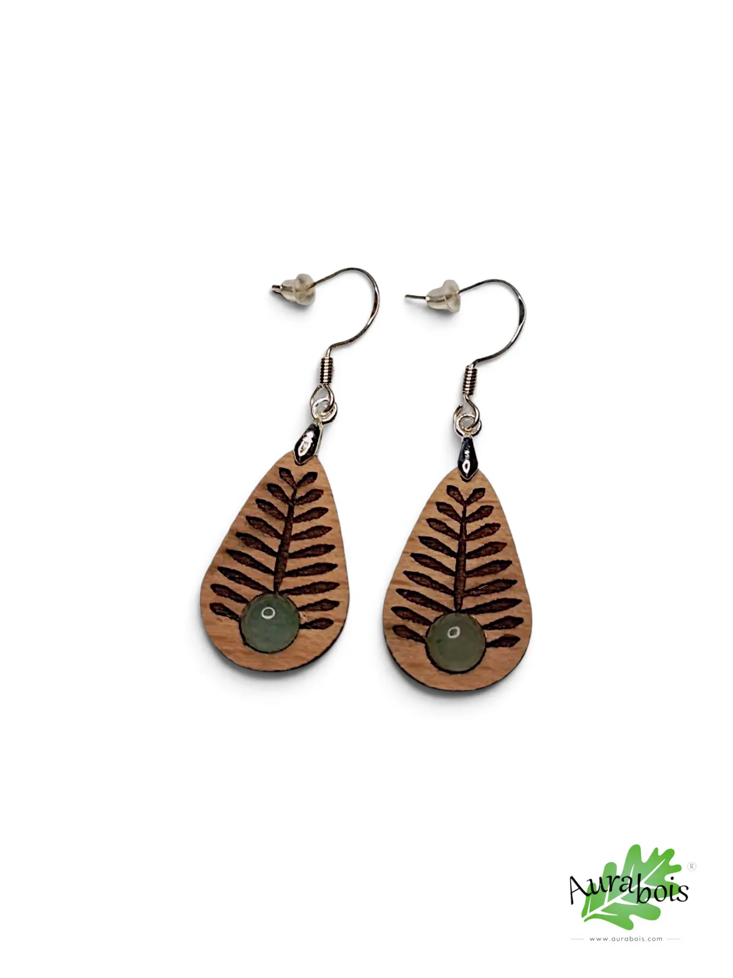 Boucles d'oreilles en bois de hêtre "Tropic" et pierre naturelle d'Aventurine 5 Boucles d'oreilles Tropic en hêtre huilé avec aventurine naturelle