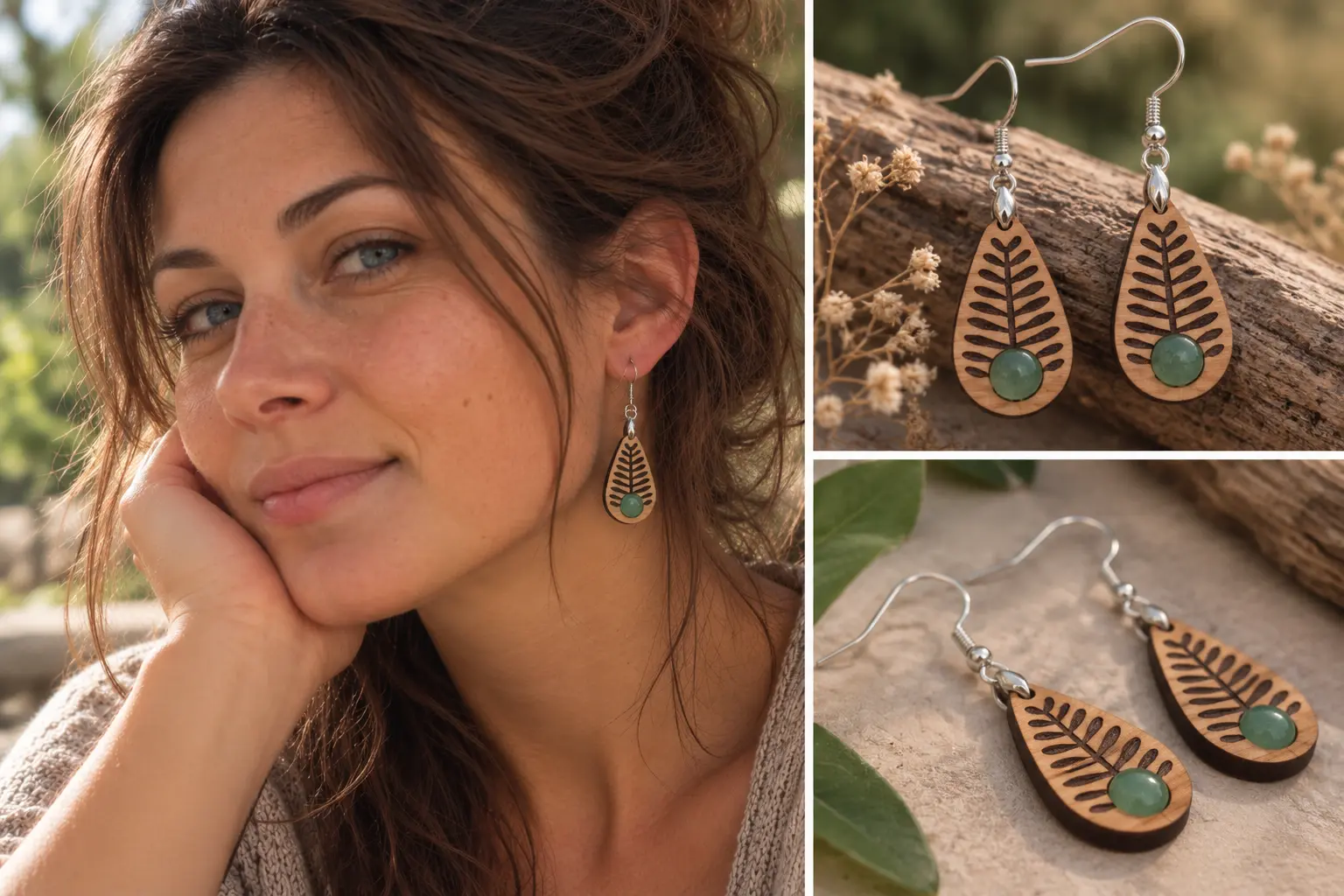 Boucles d'oreilles en bois de hêtre "Tropic" et pierre naturelle d'Aventurine 2 Boucles d'oreilles Tropic en hêtre huilé avec aventurine naturelle