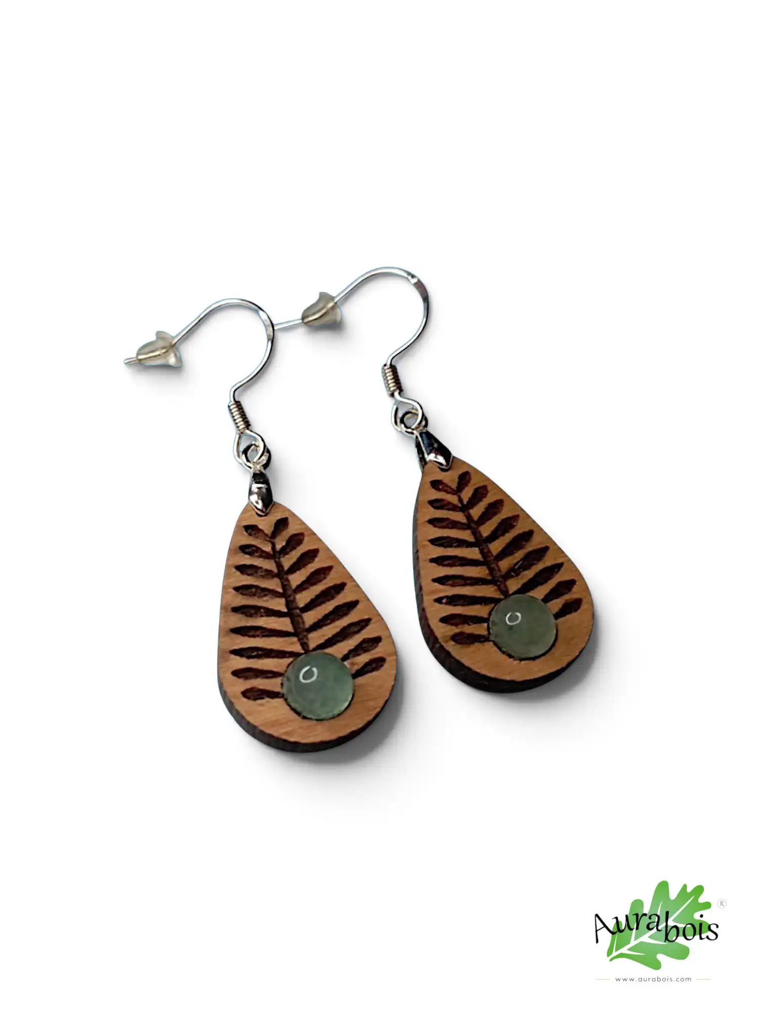 Boucles d'oreilles en bois de hêtre "Tropic" et pierre naturelle d'Aventurine 3 Boucles d'oreilles Tropic en hêtre huilé avec aventurine naturelle