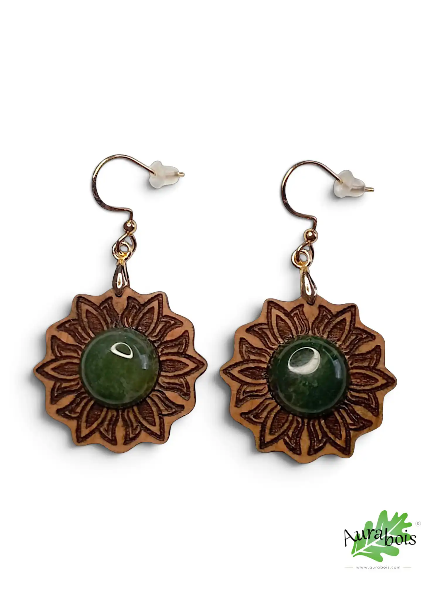 Boucles d'oreilles "Flora" en bois de hêtre huilé - Pierre d'Agate d'Inde 5 Boucles d'oreilles "Flora" en hêtre huilé avec agate d'Inde verte