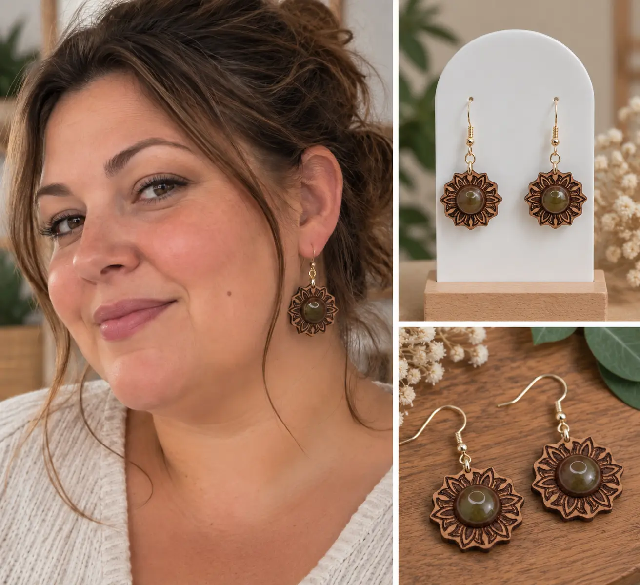 Boucles d'oreilles "Flora" en bois de hêtre huilé - Pierre d'Agate d'Inde 2 Boucles d'oreilles "Flora" en hêtre huilé avec agate d'Inde verte
