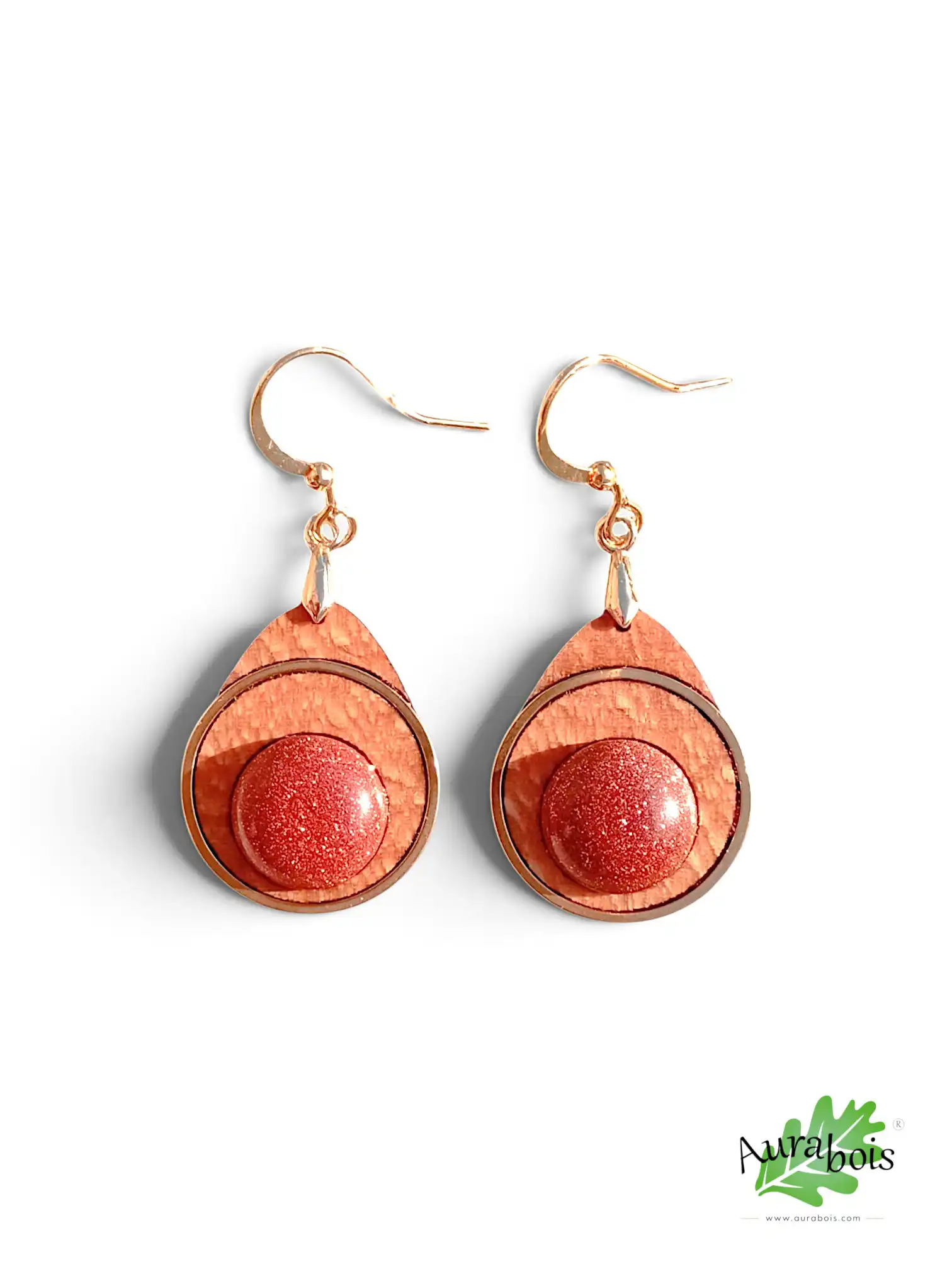 Boucles d'oreilles en bois et pierre naturel "Sun" - Pierre du soleil 1 Boucles d'oreilles Sun en hêtre huilé avec pierre naturelle du soleil