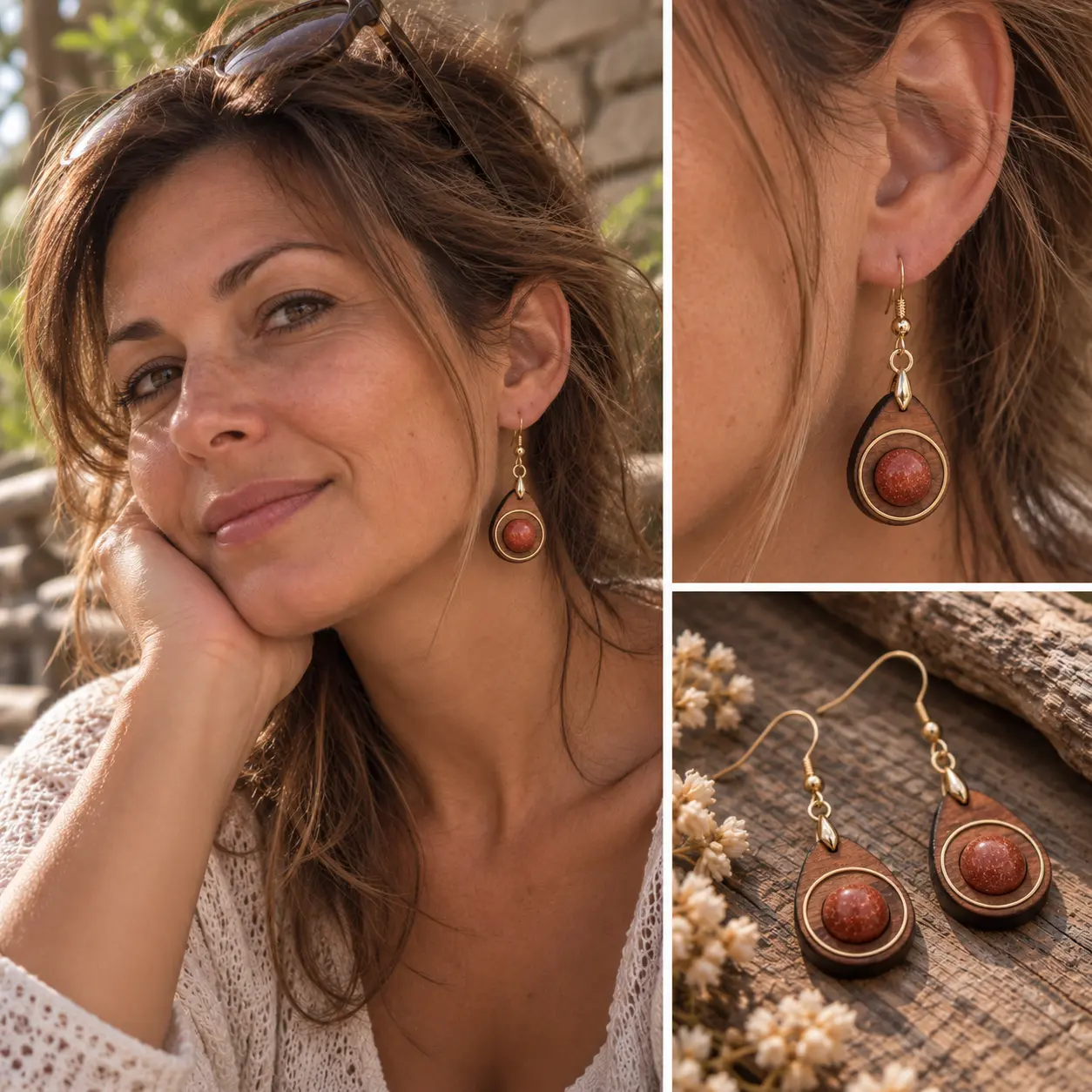 Boucles d'oreilles en bois et pierre naturel "Sun" - Pierre du soleil 2 Boucles d'oreilles Sun en hêtre huilé avec pierre naturelle du soleil