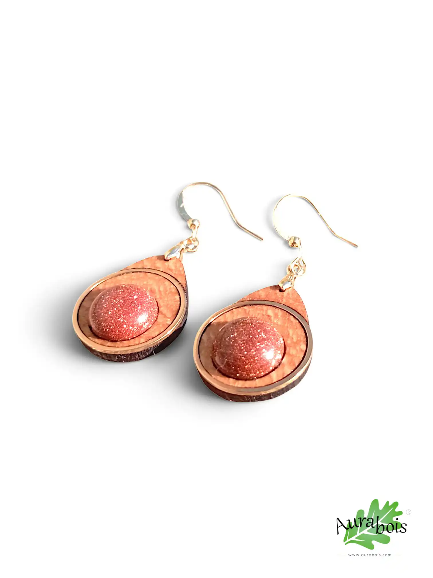 Boucles d'oreilles en bois et pierre naturel "Sun" - Pierre du soleil 4 Boucles d'oreilles Sun en hêtre huilé avec pierre naturelle du soleil