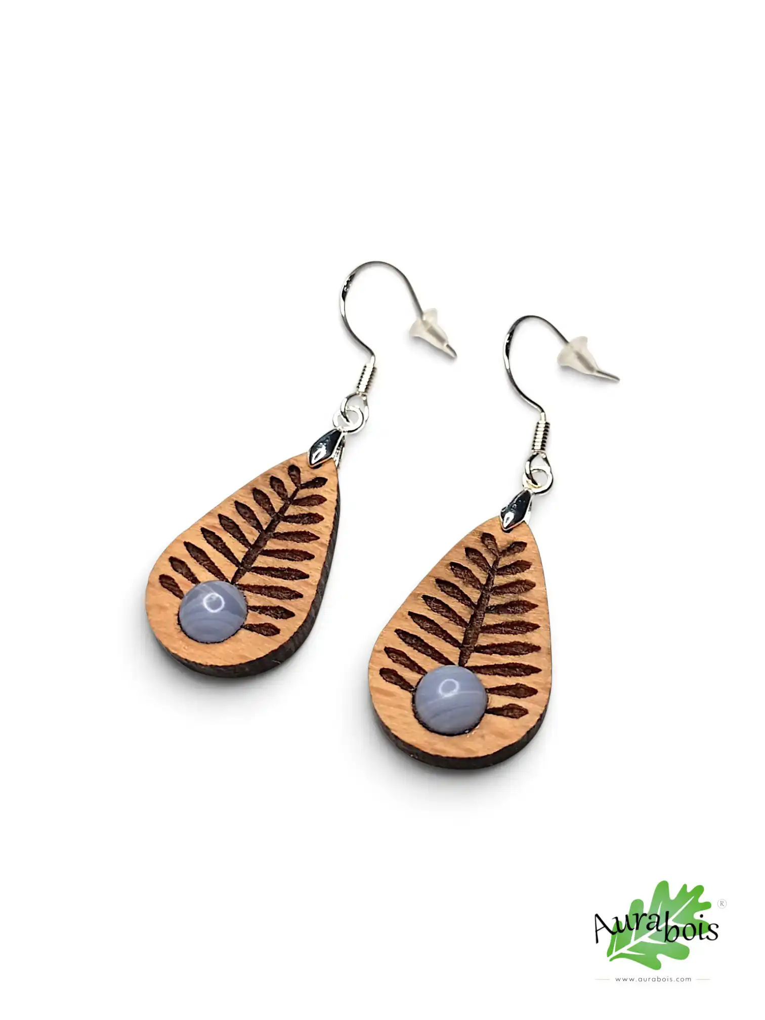 Boucles d'oreilles "Tropic" en bois de hêtre huilé et jade bleu naturel 1 Boucles d'oreilles "Tropic" en hêtre huilé avec jade bleu naturel