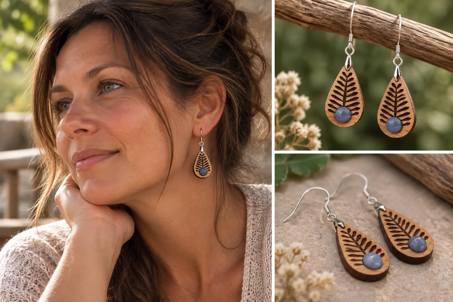 Boucles d'oreilles "Tropic" en bois de hêtre huilé et jade bleu naturel 2 Boucles d'oreilles "Tropic" en hêtre huilé avec jade bleu naturel