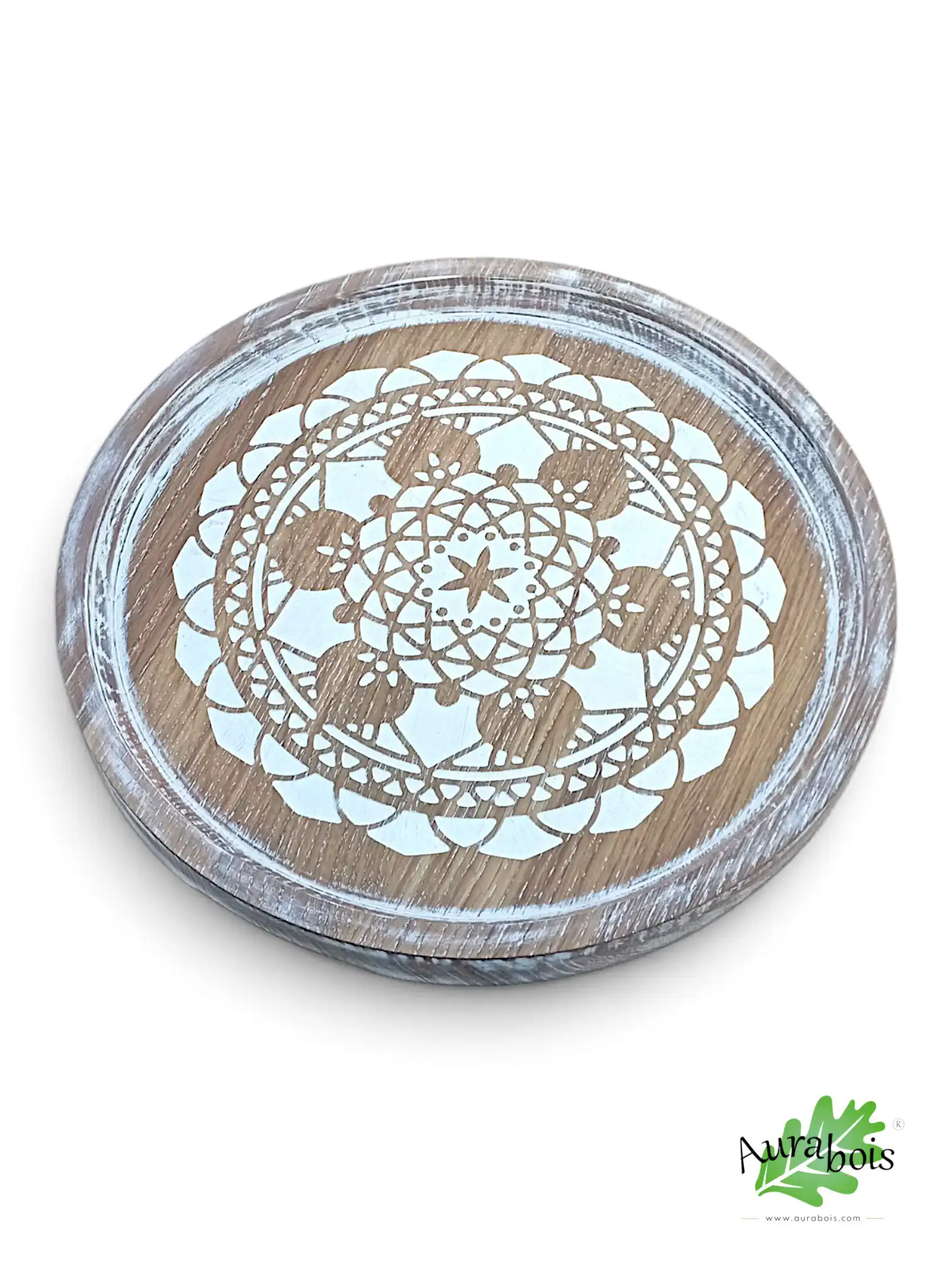 Plateau de service "Mandala two" en bois massif de chêne blanc – Shabby chic 4 Plateau de service Lotus Mandala en chêne massif blanc Shabby chic