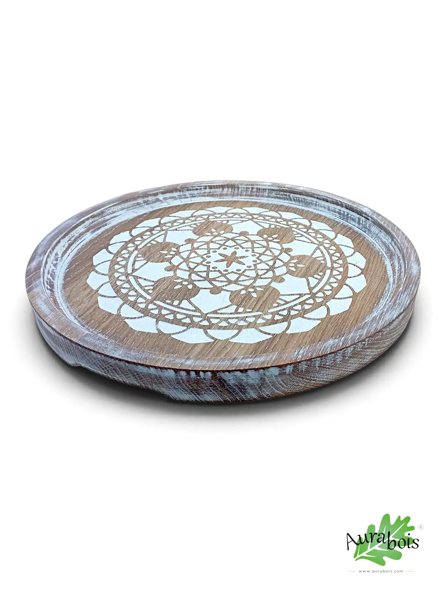 Plateau de service "Mandala two" en bois massif de chêne blanc – Shabby chic 1 Plateau de service Lotus Mandala en chêne massif blanc Shabby chic