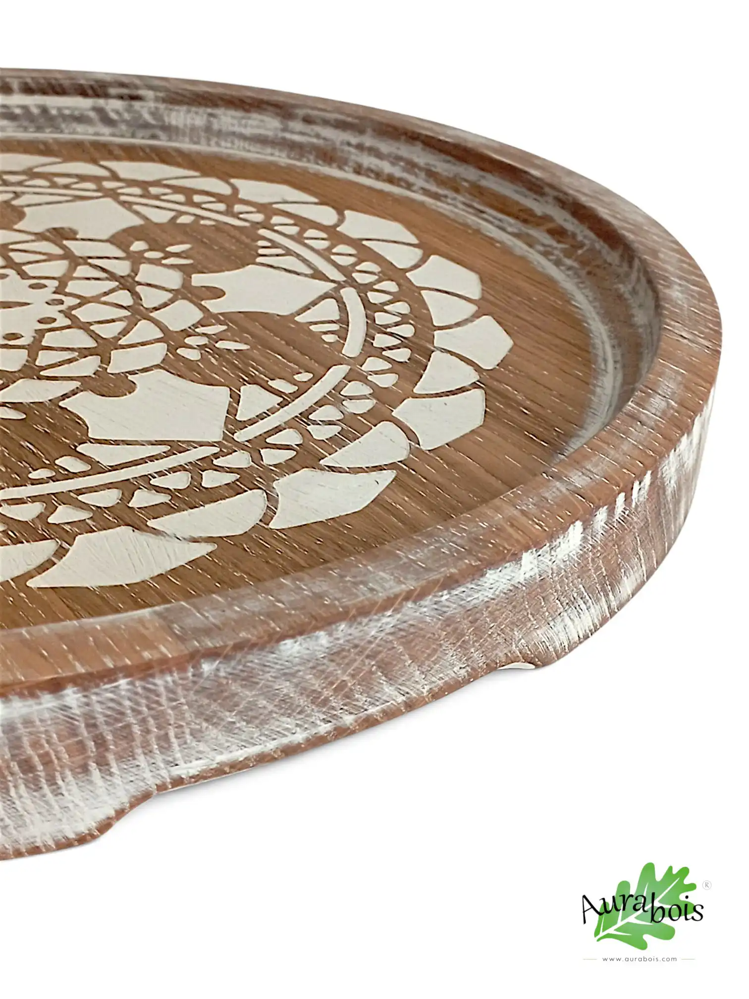 Plateau de service "Mandala two" en bois massif de chêne blanc – Shabby chic 3 Plateau de service Lotus Mandala en chêne massif blanc Shabby chic