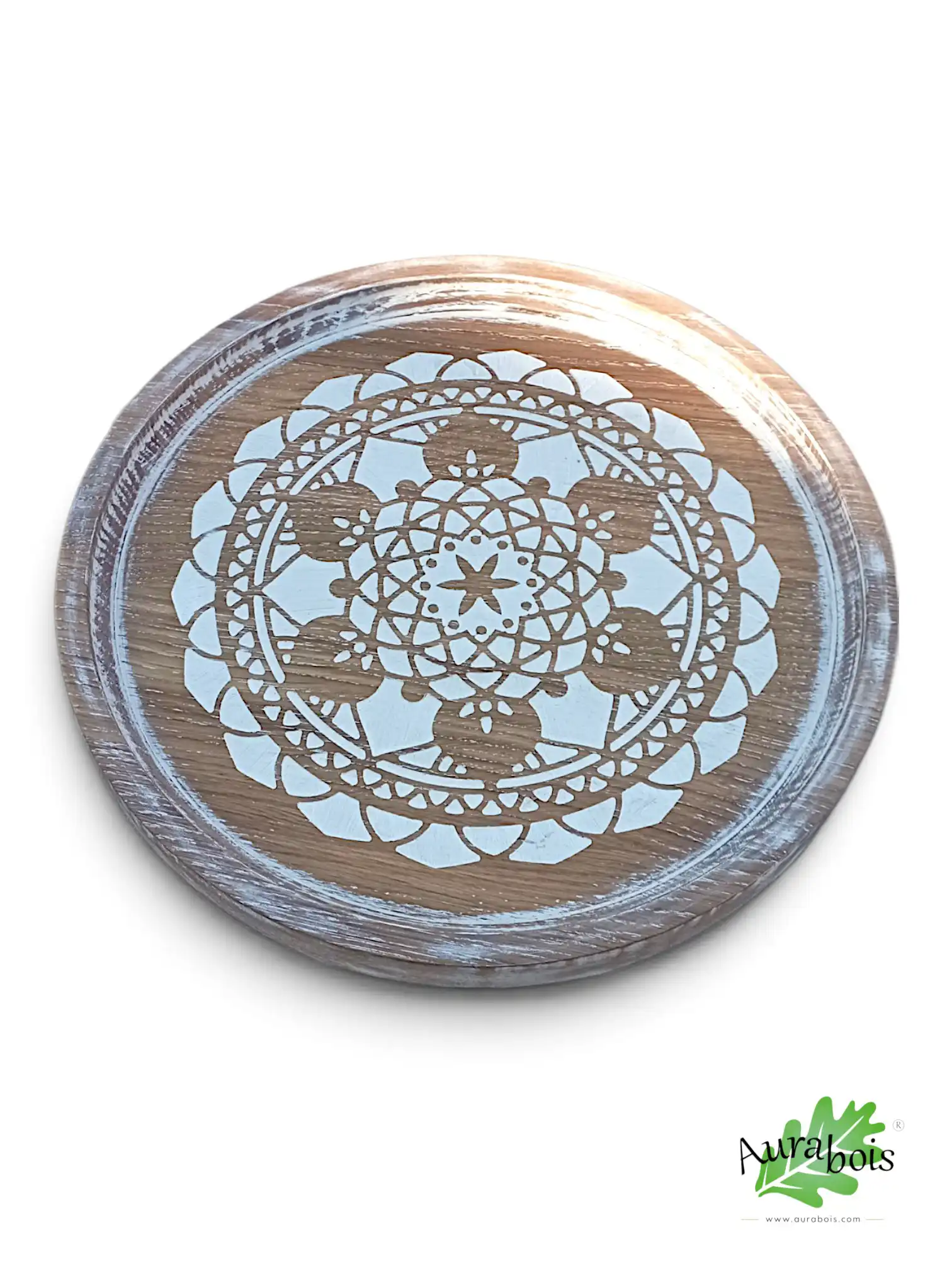 Plateau de service "Mandala two" en bois massif de chêne blanc – Shabby chic 2 Plateau de service Lotus Mandala en chêne massif blanc Shabby chic
