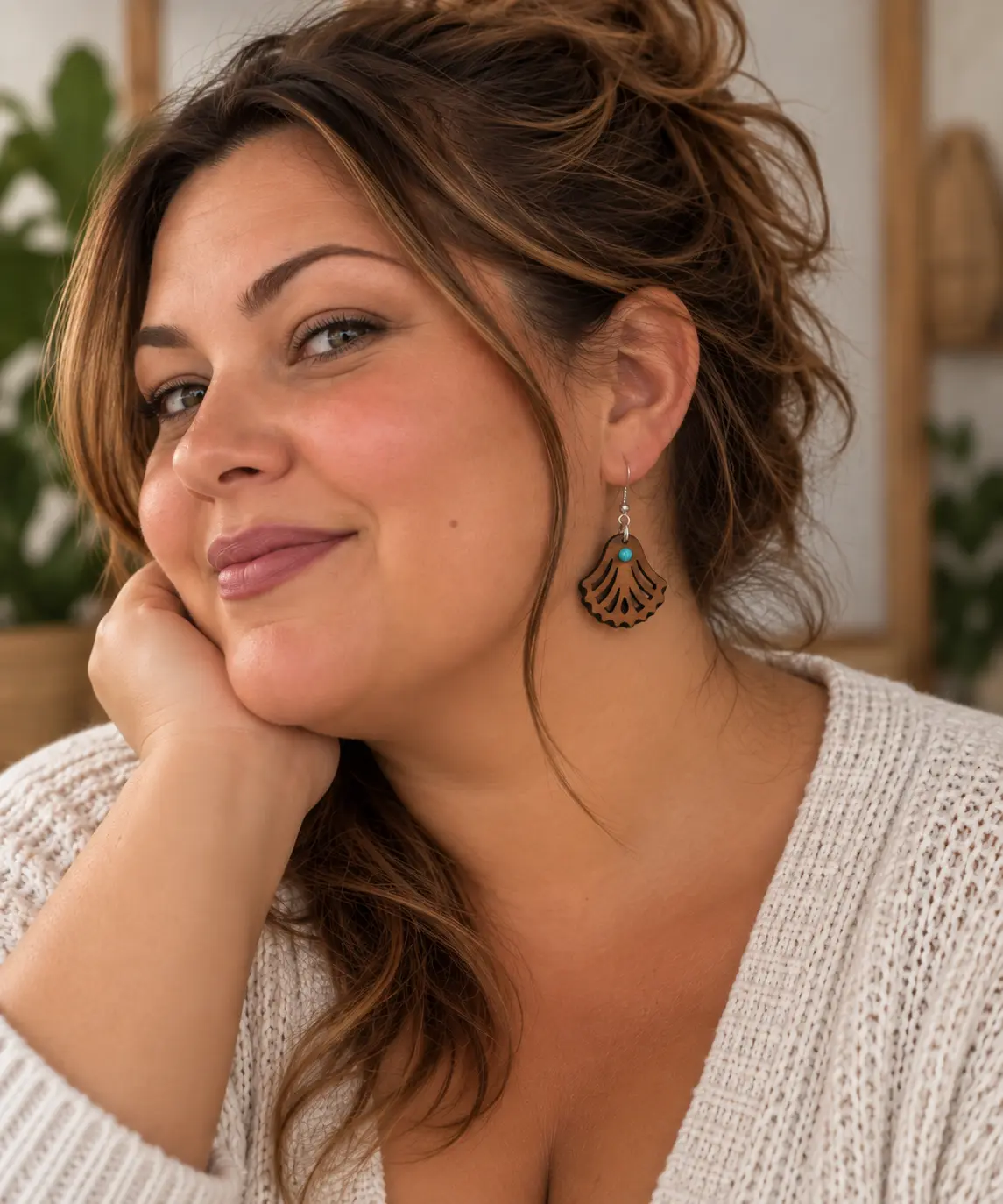 Boucles d'oreilles en bois massif de chêne "Palmier" - Pierre naturelle Turquoise 3 Boucles d'oreilles Palmier en chêne huilé avec turquoise naturelle