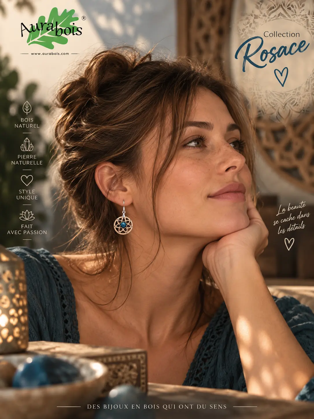 Boucles d'oreillesen bois naturel "Rosace" Pierre de jaspe bleu 1 Boucles d'oreilles Rosace en hêtre huilé avec jaspe bleu naturel