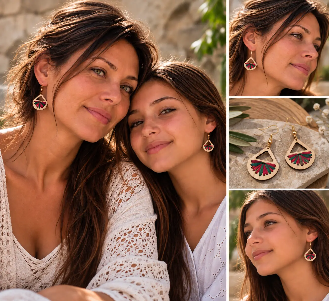 Boucles d'oreilles en bois Mère & Fille "Colors" vert rouge pour Nöel 2 Ensemble de boucles d'oreilles en bois pour adulte et jeune fille. Tissé d'un fil 100% coton de couleur rouge et polyester vert. Forme éventail.