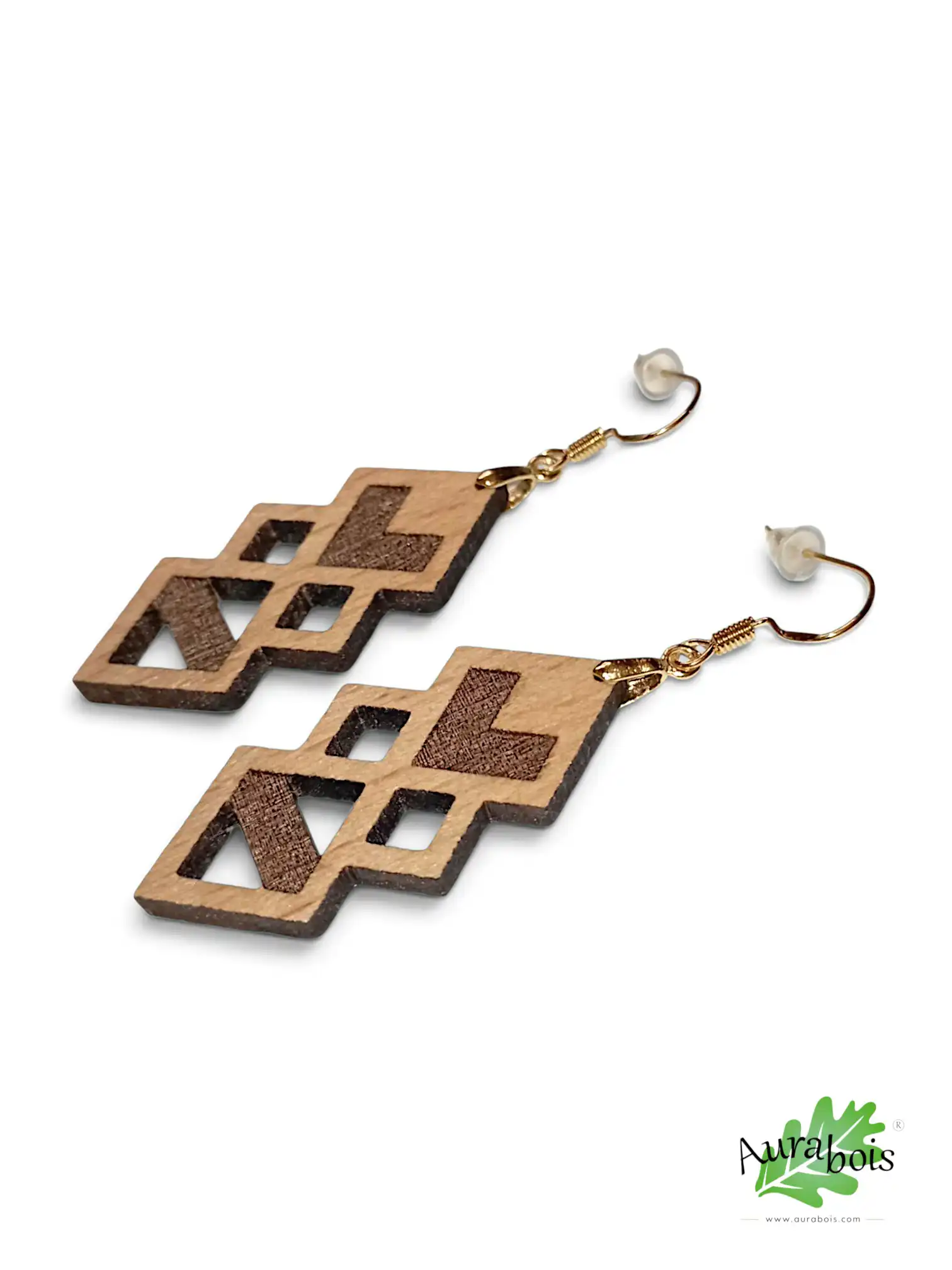 Boucles d'oreilles en bois de hêtre huilé "Area", gravure géométrique 4 Boucles d'oreilles Area en hêtre avec extraterrestre gravé au laser