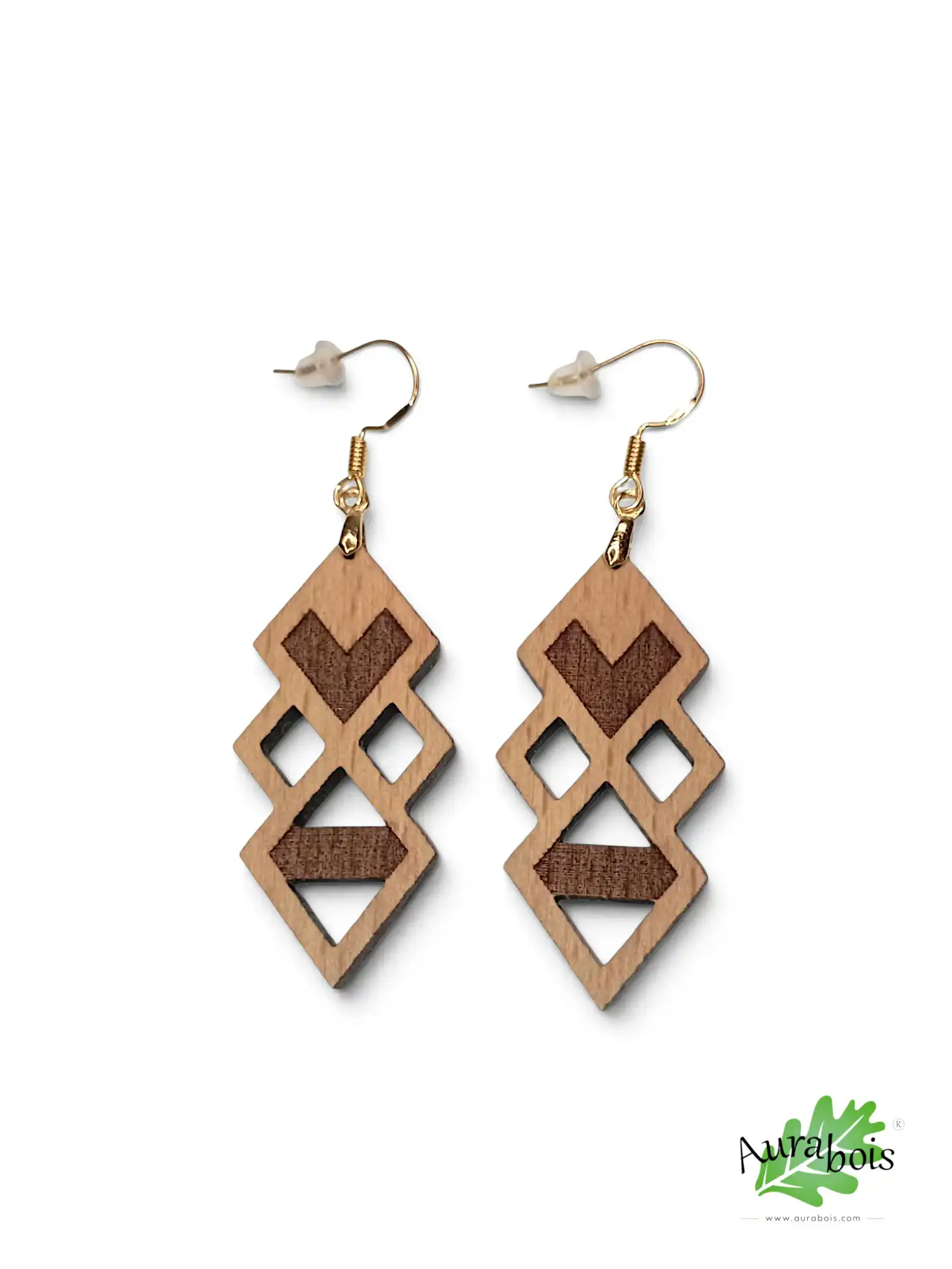 Boucles d'oreilles en bois de hêtre huilé "Area", gravure géométrique 3 Boucles d'oreilles Area en hêtre avec extraterrestre gravé au laser