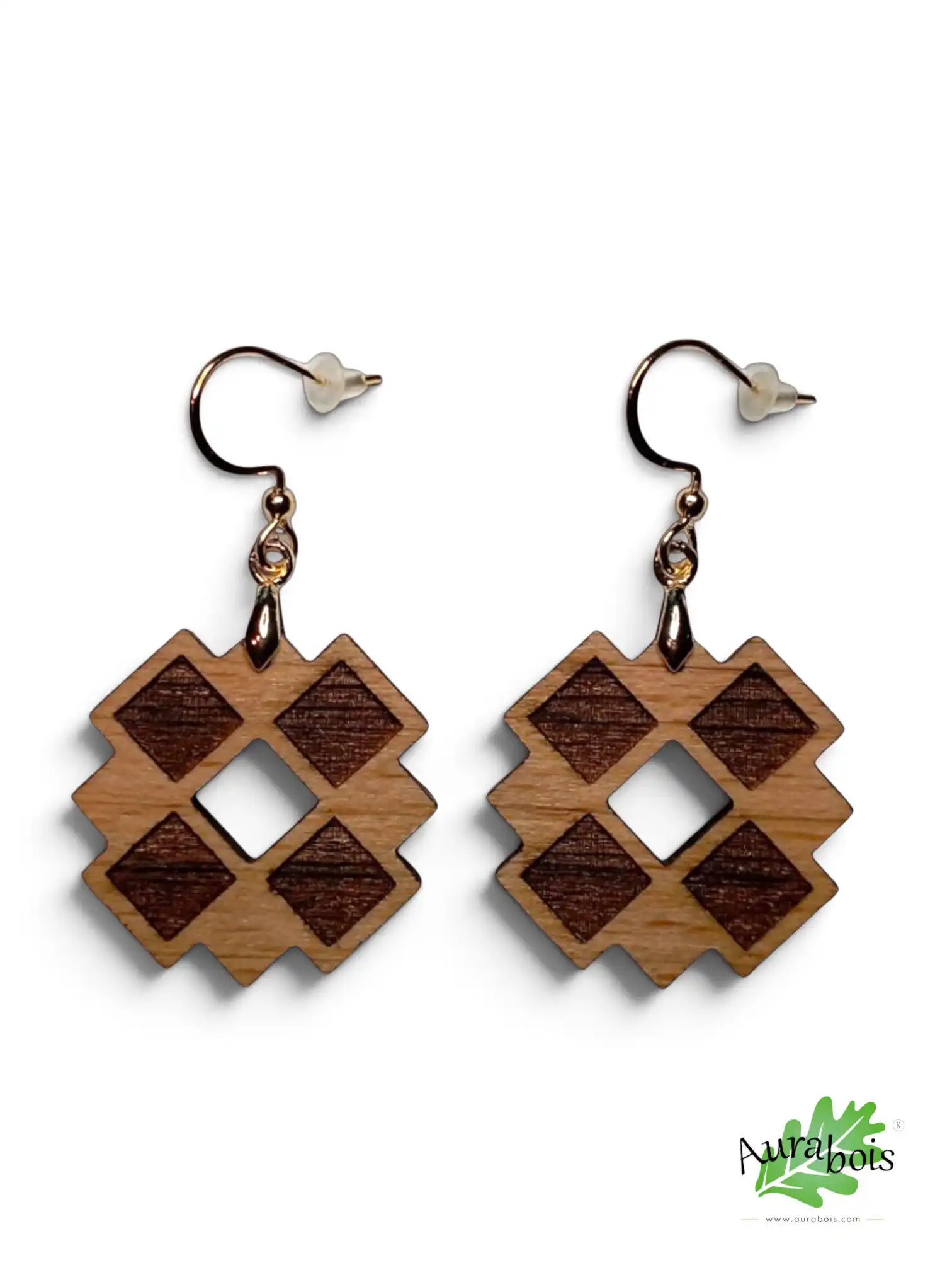 Boucles d'oreilles en bois naturel gravure au laser "Carreaux" 2 Boucles d'oreilles Carreaux en hêtre huilé avec gravure géométrique