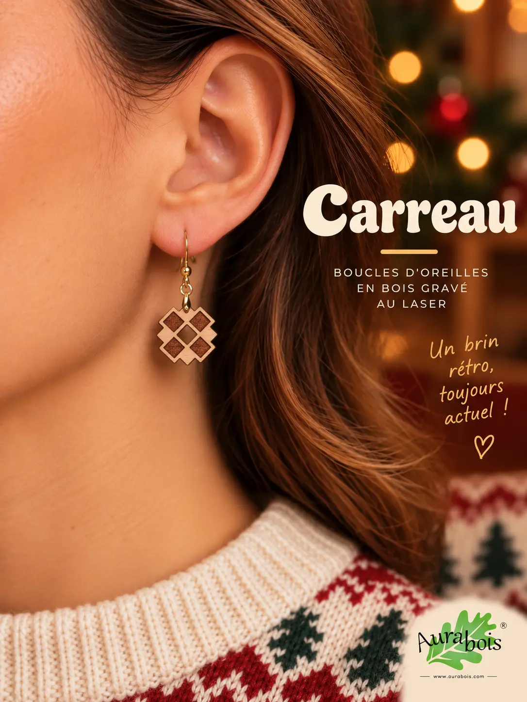 Boucles d'oreilles en bois naturel gravure au laser "Carreaux" 1 Boucles d'oreilles Carreaux en hêtre huilé avec gravure géométrique