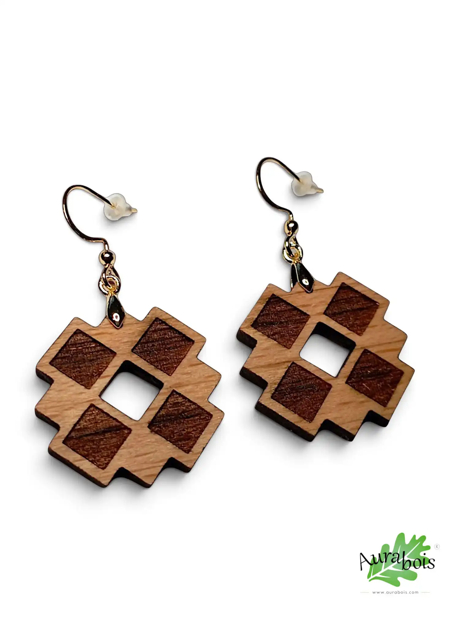 Boucles d'oreilles en bois naturel gravure au laser "Carreaux" 3 Boucles d'oreilles Carreaux en hêtre huilé avec gravure géométrique
