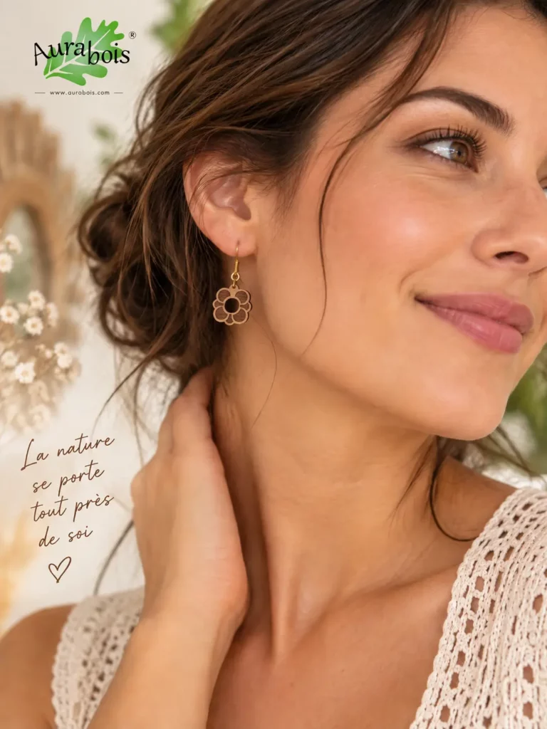 Boucles d'oreilles Fleur en hêtre massif gravé au laser