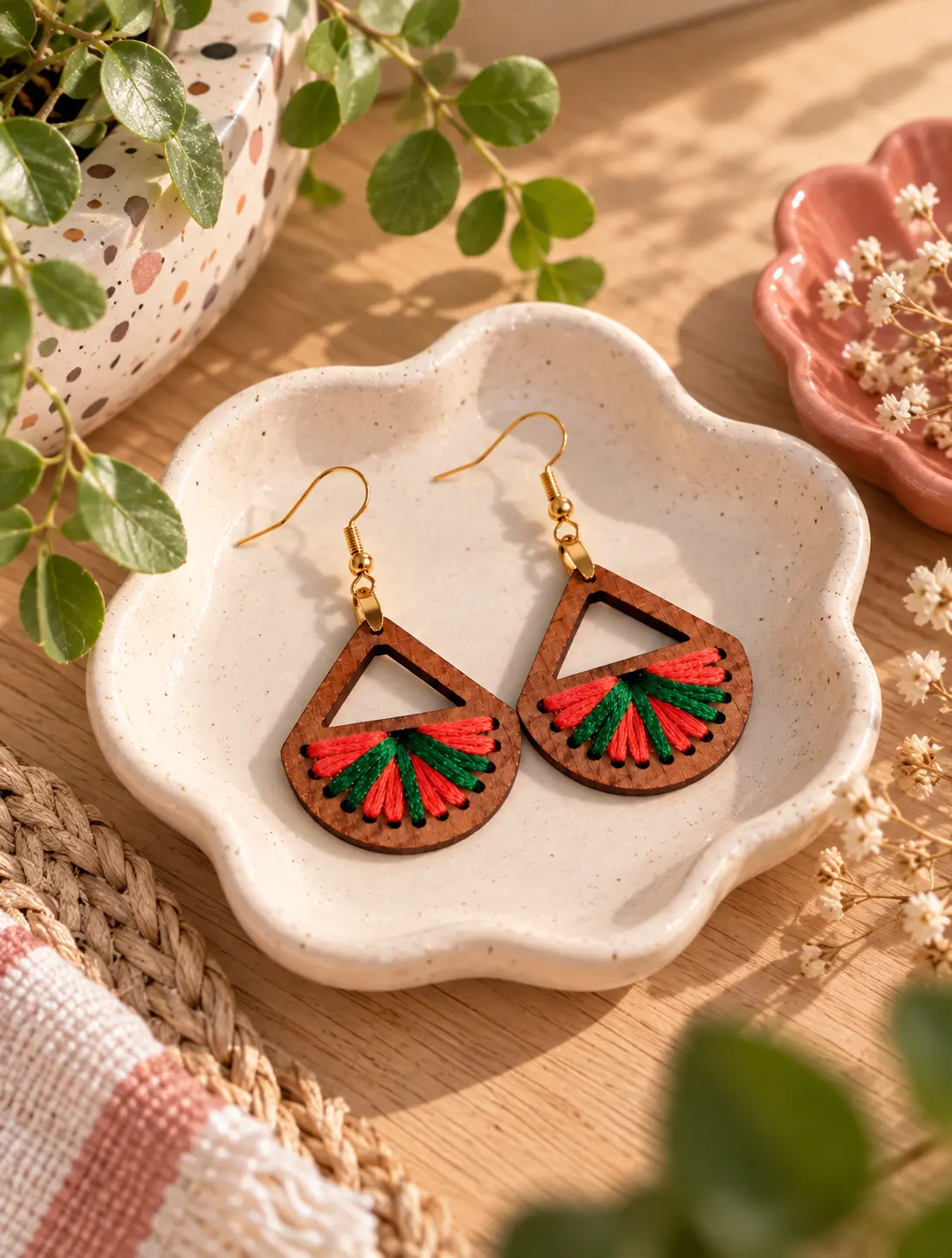 Boucles d'oreilles en bois massif "Colors" coton orange et vert 2 Boucles d'oreilles Mère & Fille Colors en hêtre huilé rouge et vert