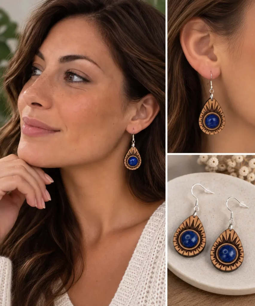 Boucles d'oreilles Avocat en hêtre massif avec pierre naturelle Lapis Lazuli
