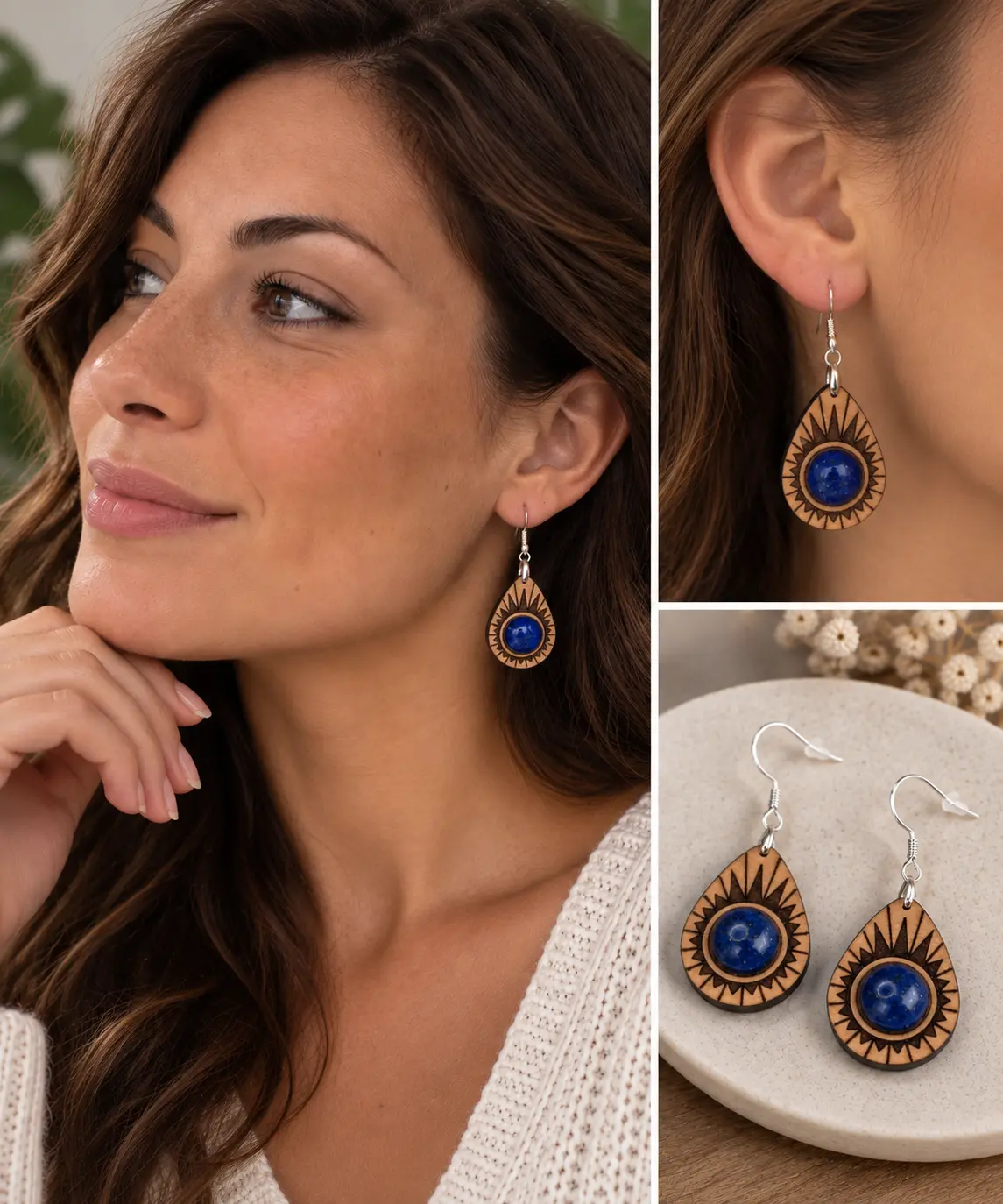 Boucles d'oreilles "Avocat" en bois massif, hêtre et Lapis Lazuli naturelle 1 Boucles d'oreilles Avocat en hêtre massif avec pierre naturelle Lapis Lazuli