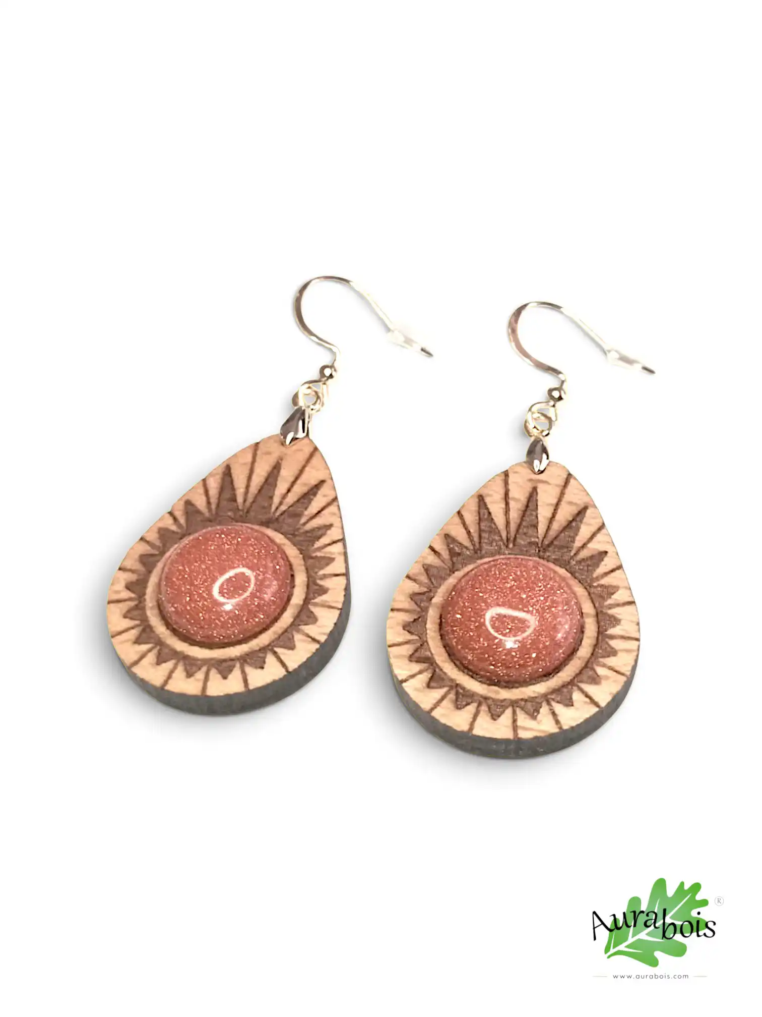 Boucles d’oreilles "Avocat" en bois hêtre et pierre du Soleil 4 Boucles d’oreilles Avocat en hêtre massif huilé avec pierre naturelle du Soleil orange