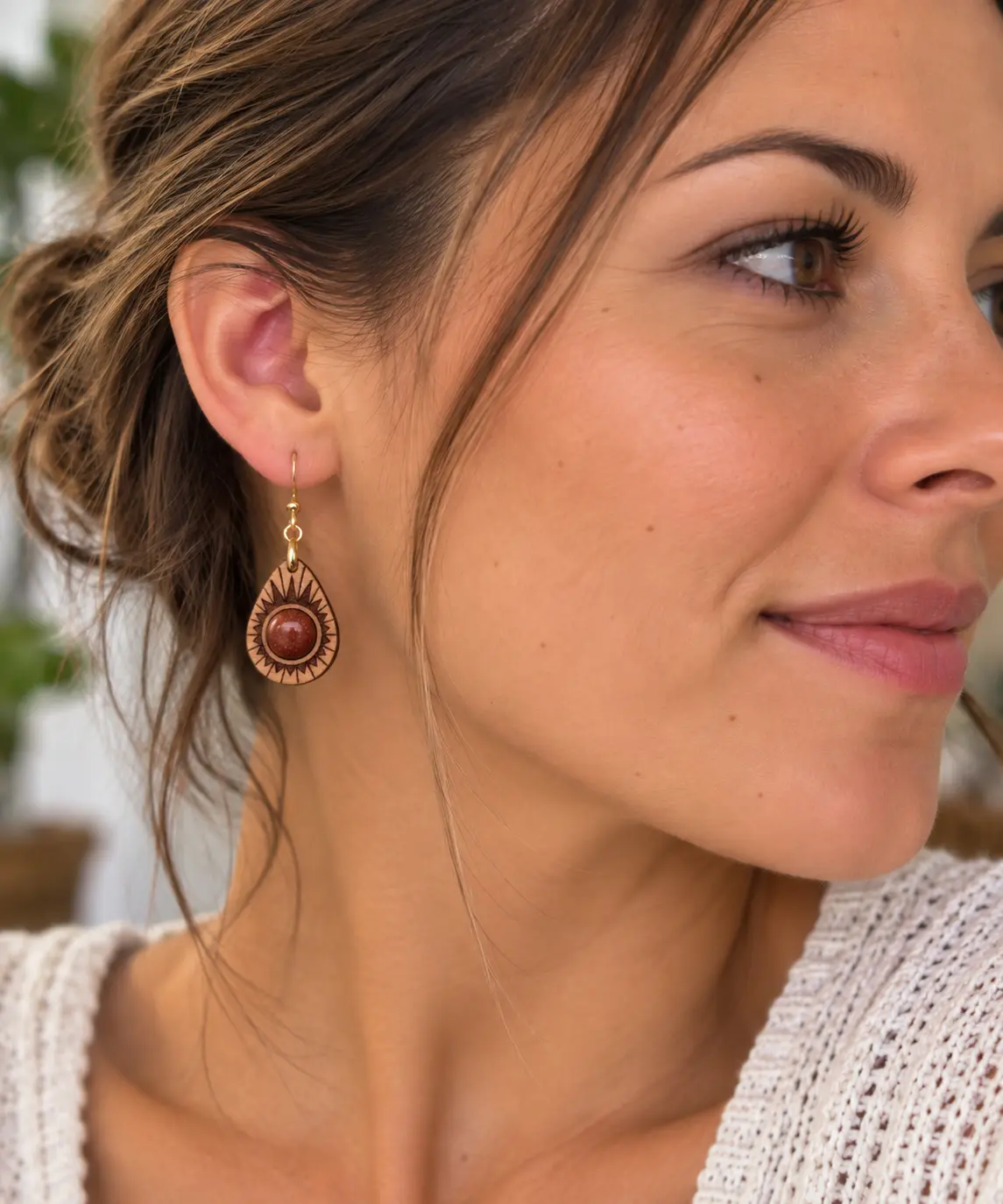 Boucles d’oreilles "Avocat" en bois hêtre et pierre du Soleil 1 Boucles d’oreilles Avocat en hêtre massif huilé avec pierre naturelle du Soleil orange